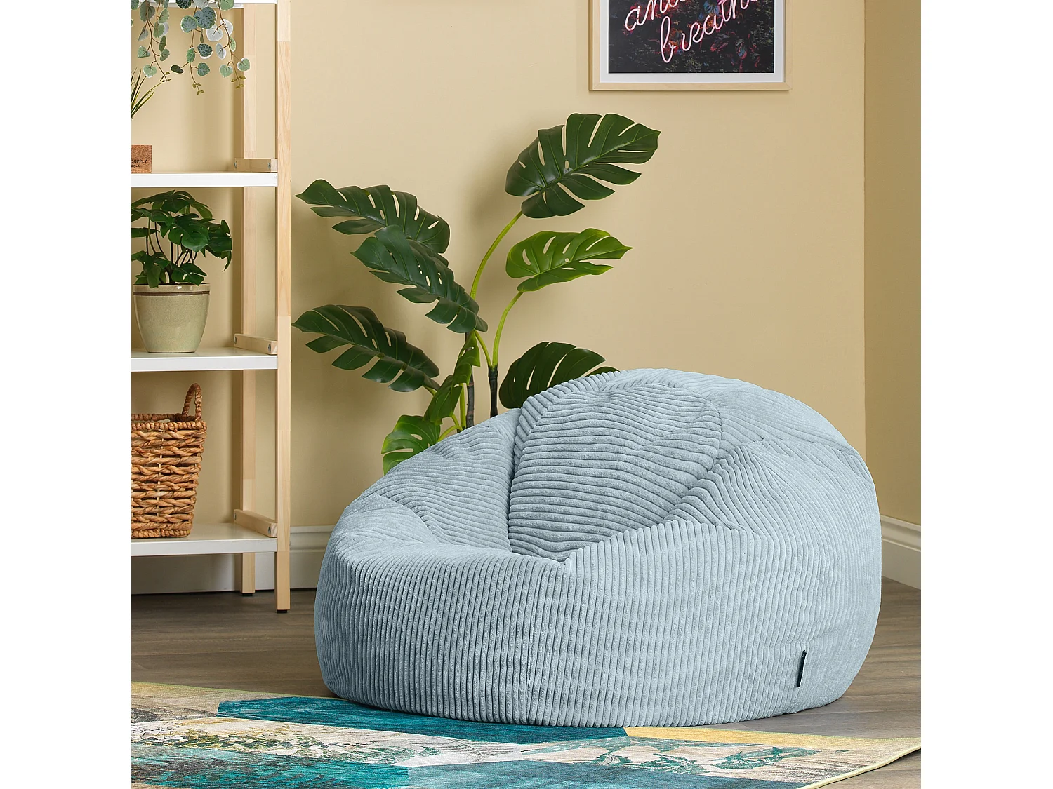 Pouf classique en velours côtelé, bleu glacé - KINGSTON