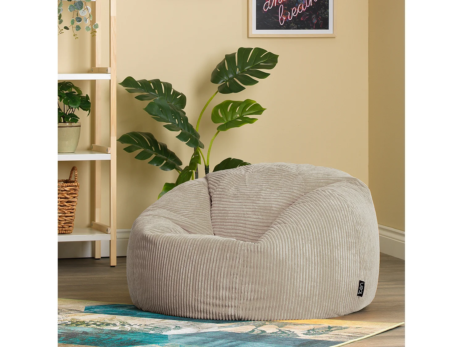 Pouf classique en velours côtelé, beige galet, chambre et salon - KINGSTON