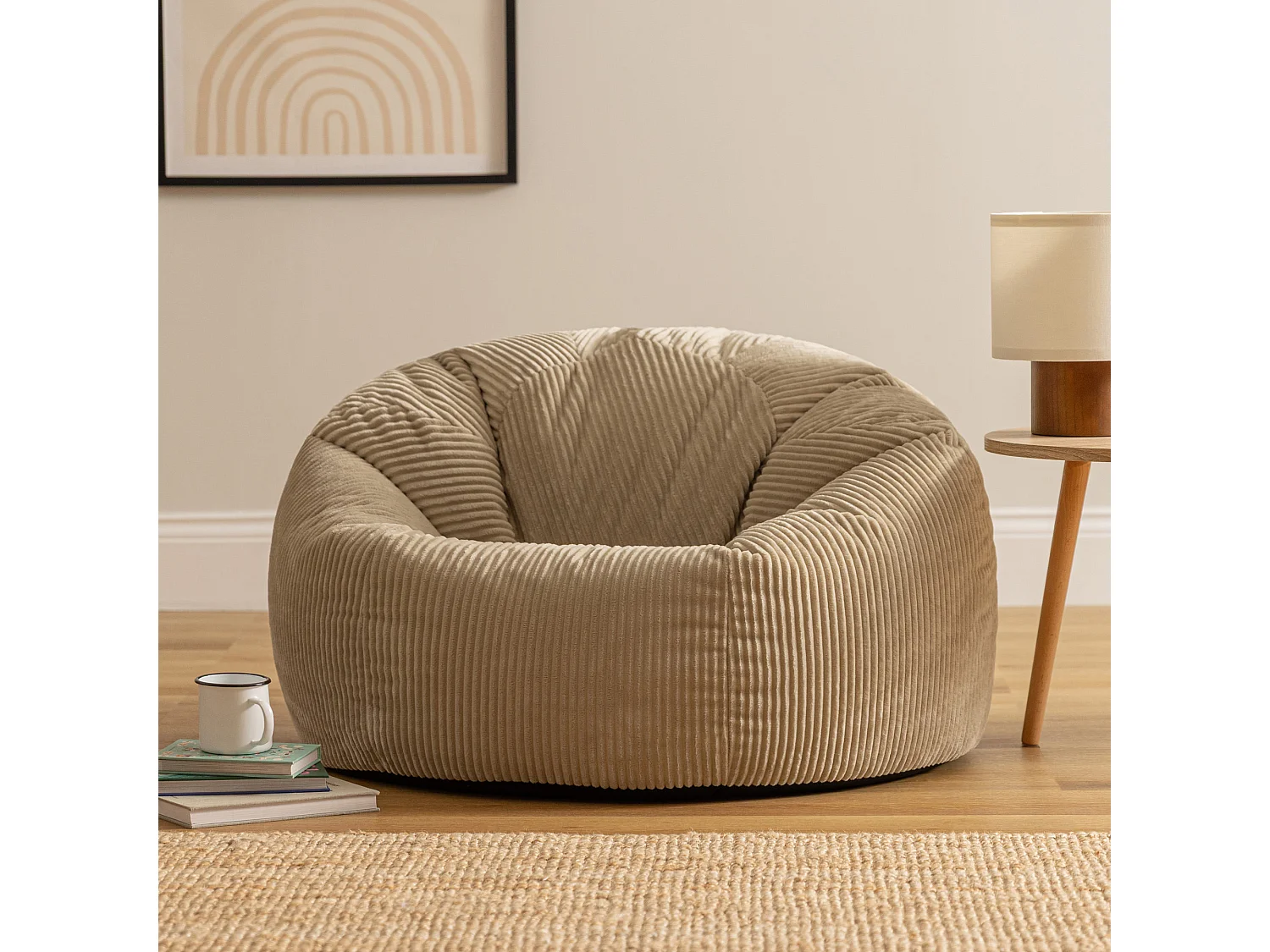 Pouf classique en velours côtelé, beige galet, chambre et salon - KINGSTON