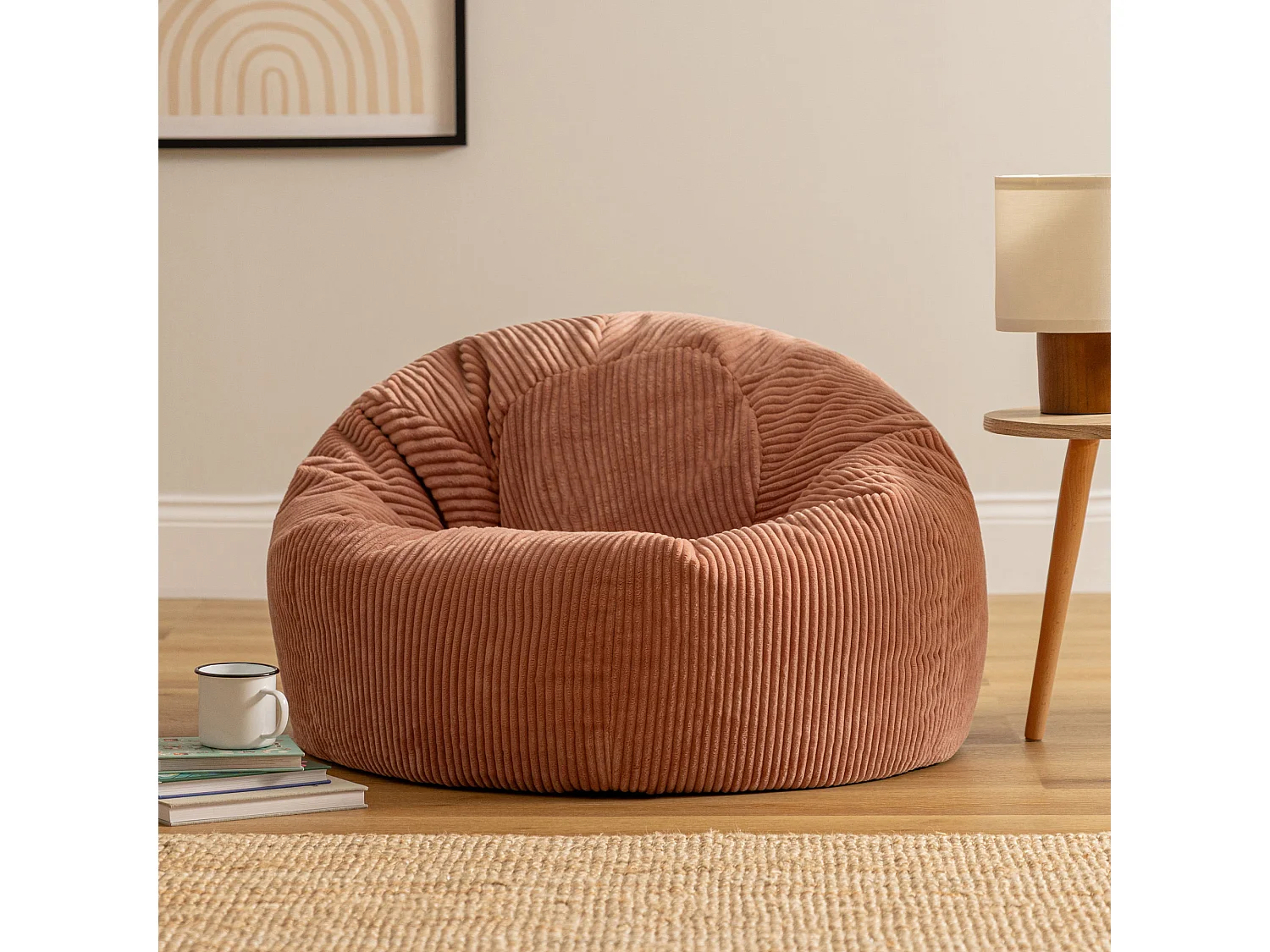 Pouf classique en velours côtelé, rose, chambre et salon - KINGSTON