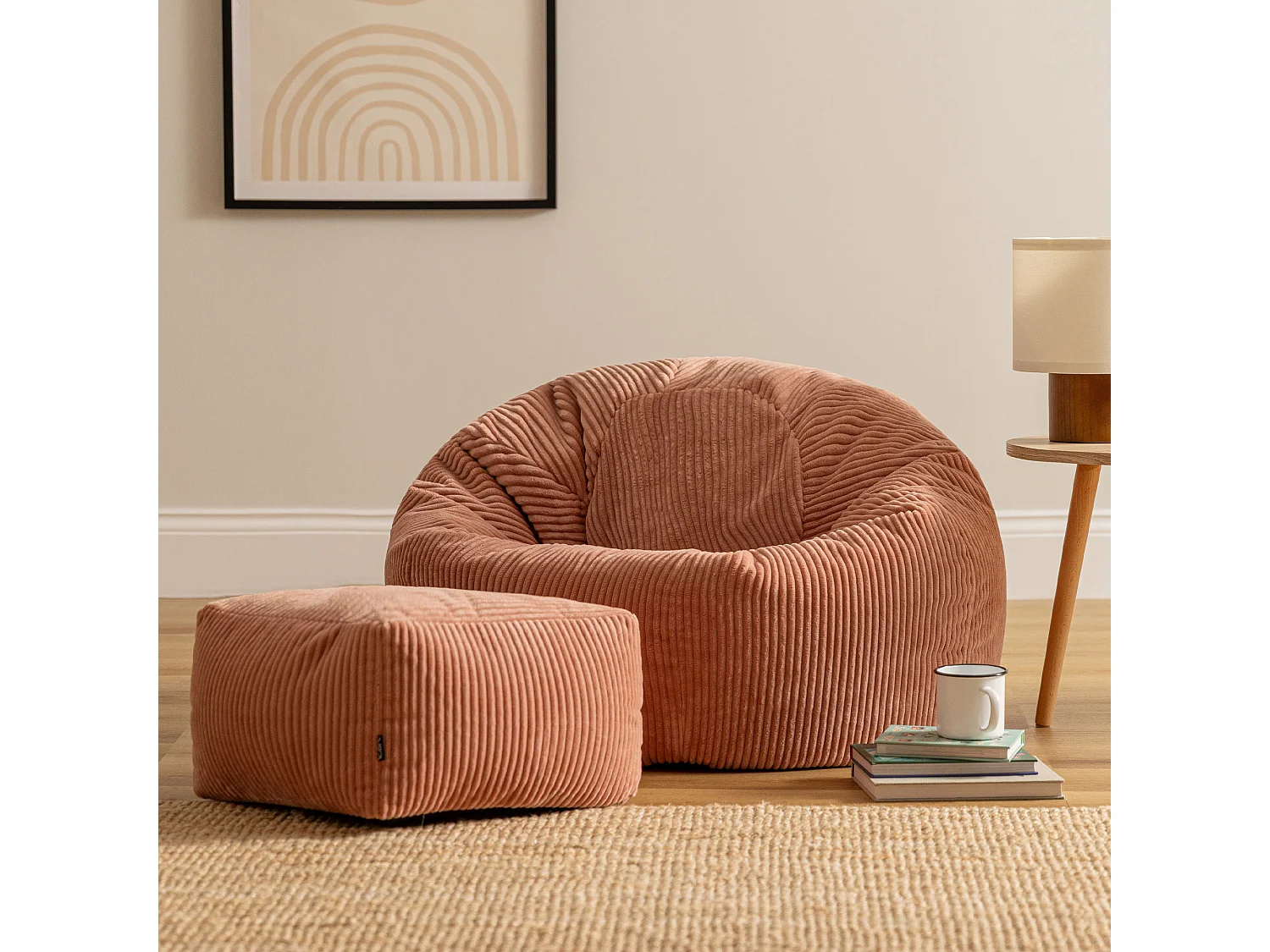 Pouf classique en velours côtelé, rose, chambre et salon - KINGSTON