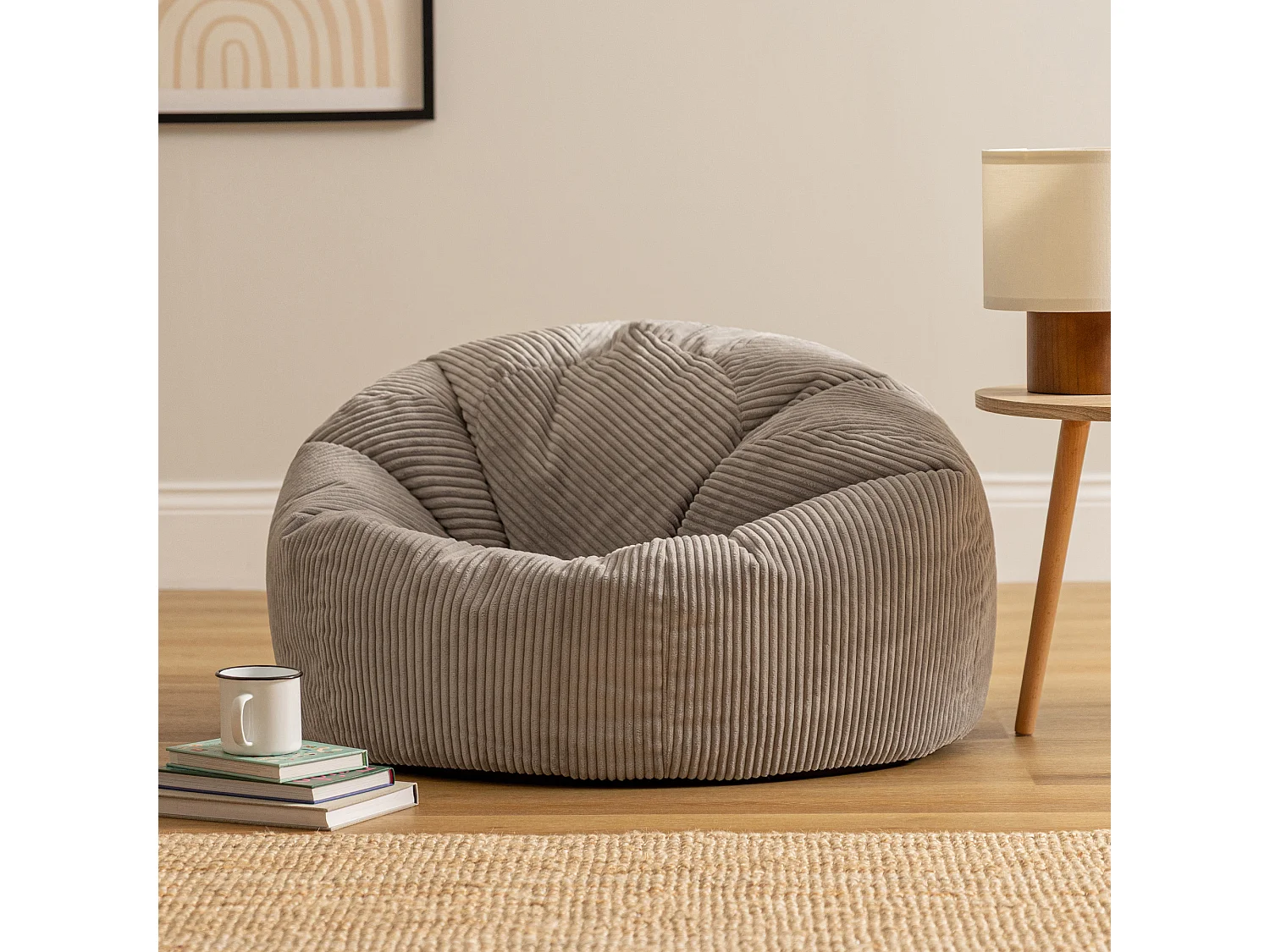 Pouf classique en velours côtelé, gris, chambre et salon - KINGSTON