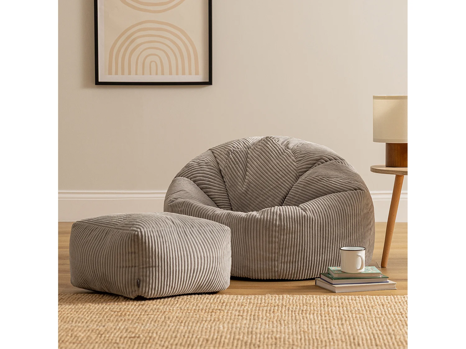 Pouf classique en velours côtelé, gris, chambre et salon - KINGSTON