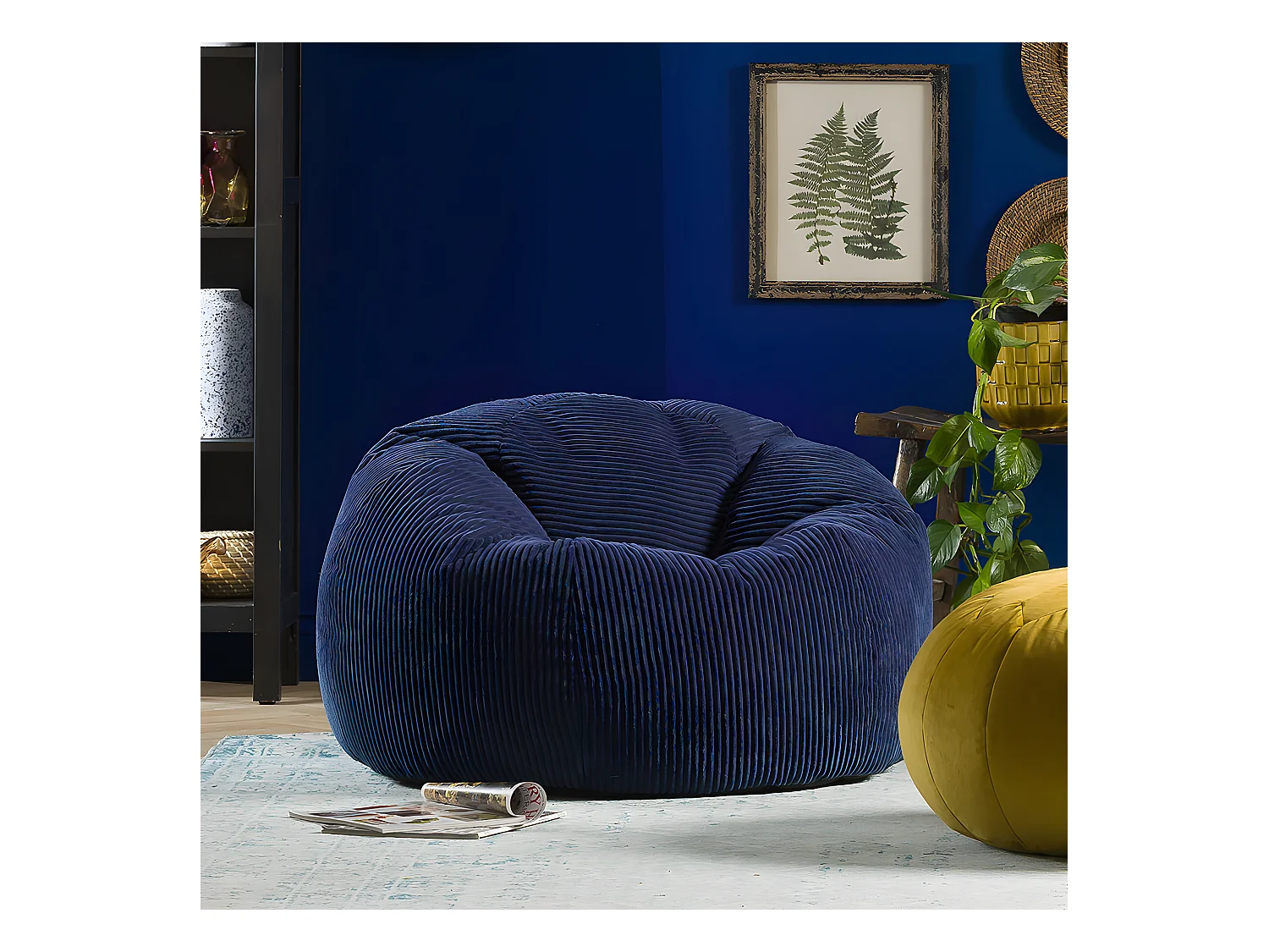 Pouf classique en velours côtelé, bleu marine - KINGSTON