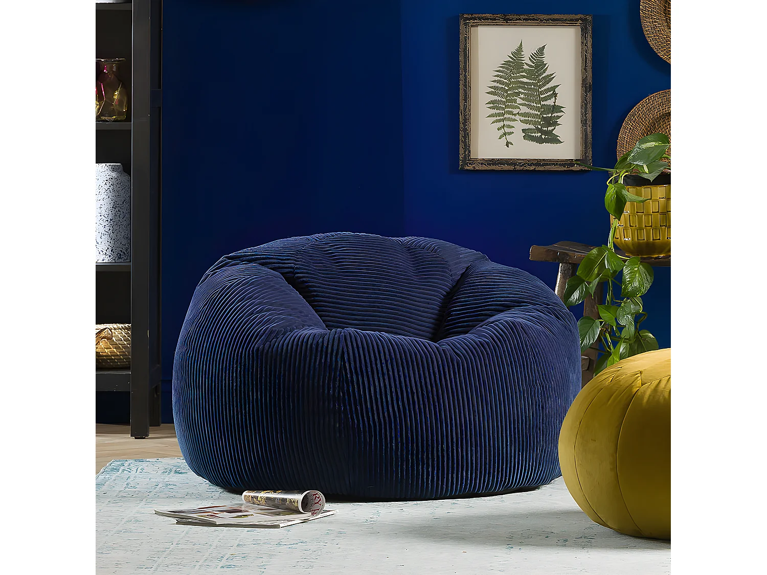 Pouf classique en velours côtelé, bleu marine, chambre et salon - KINGSTON