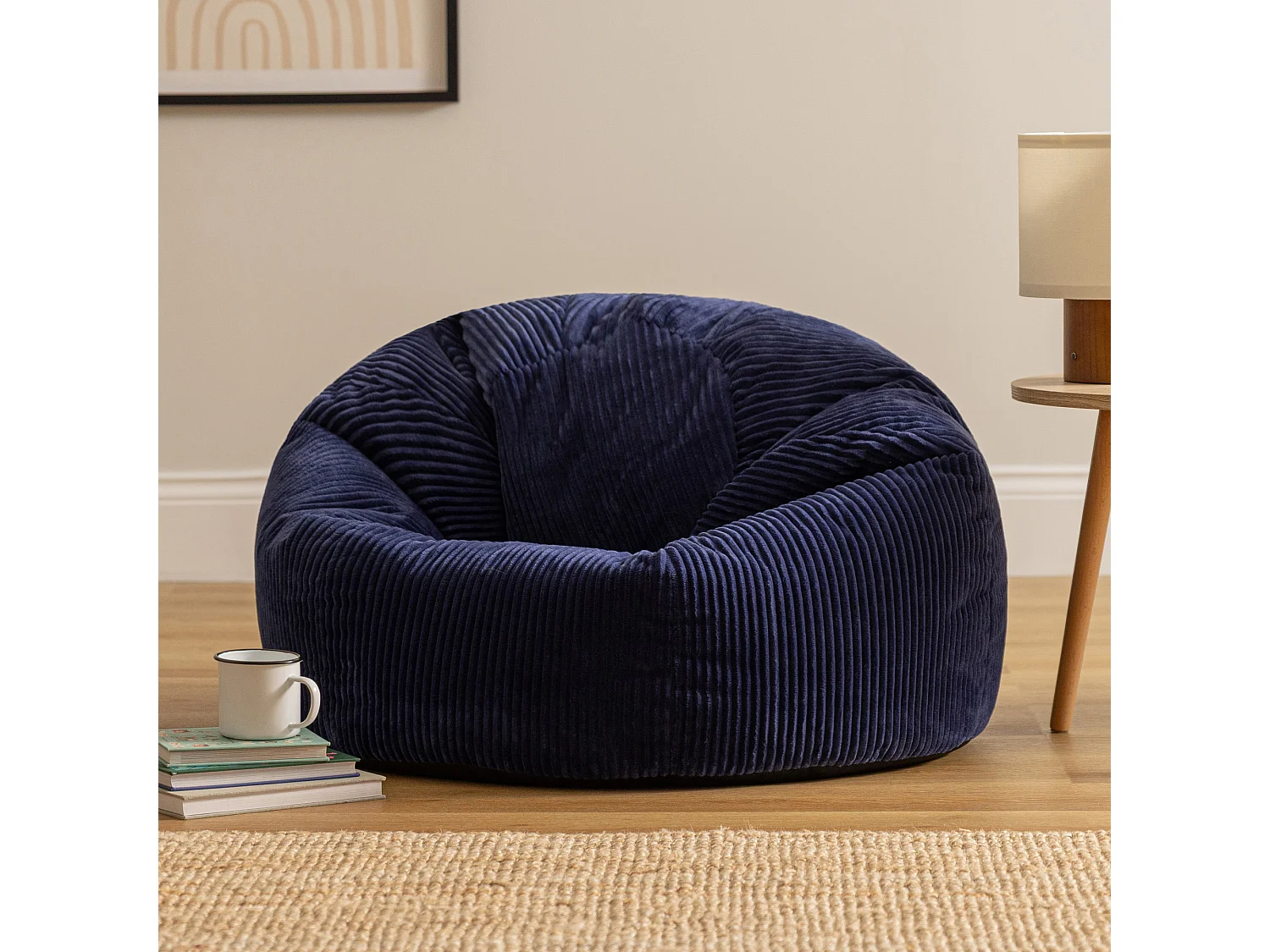 Pouf classique en velours côtelé, bleu marine, chambre et salon - KINGSTON