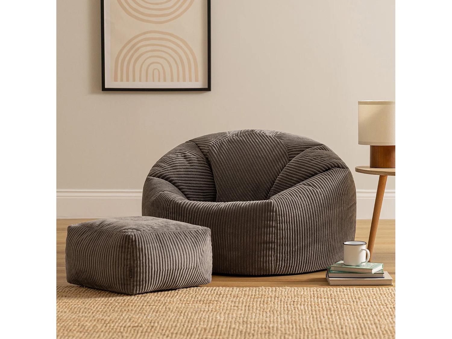 Pouf classique en velours côtelé, gris anthracite, chambre et salon - KINGSTON