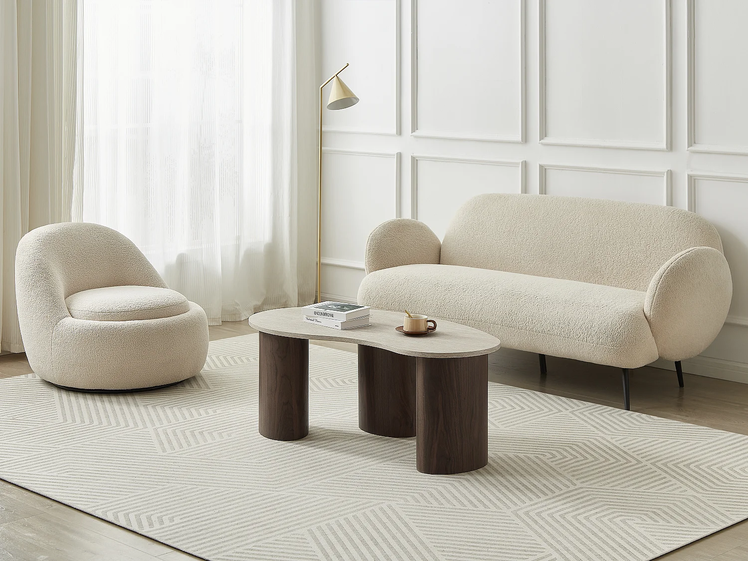 Table basse en MDF - Effet travertin beige et naturel foncé - ALOZYA