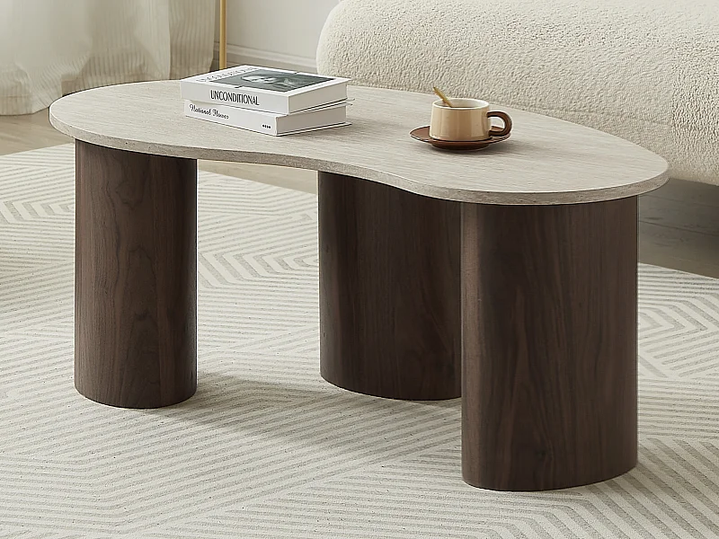 Table basse en MDF - Effet travertin beige et naturel foncé - ALOZYA