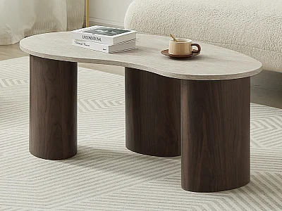 Salontafel in MDF - Look van beige travertijn en donker hout - ALOZYA