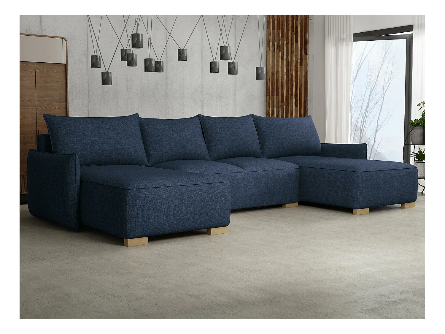 Canapé d'angle Columbus 218, Bleu, Fonction de couchage, Boîte de literie, 328x155x87cm