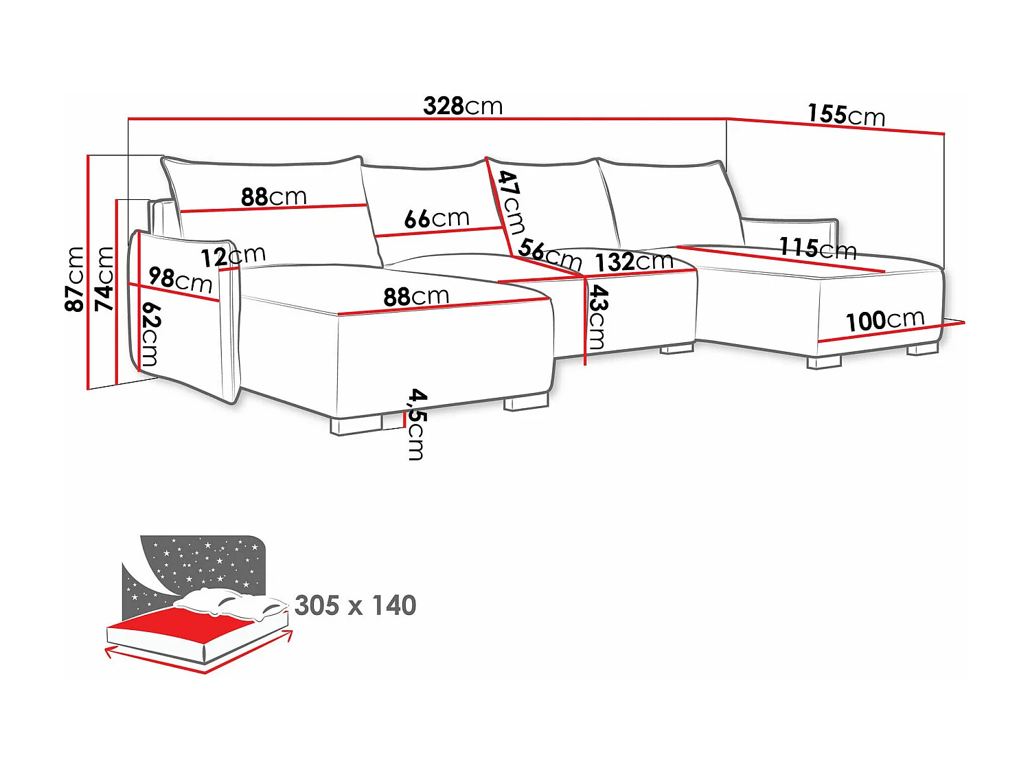 Sofá rinconero Columbus 218, Azul, Función de descanso, Almacenaje, 328x155x87cm
