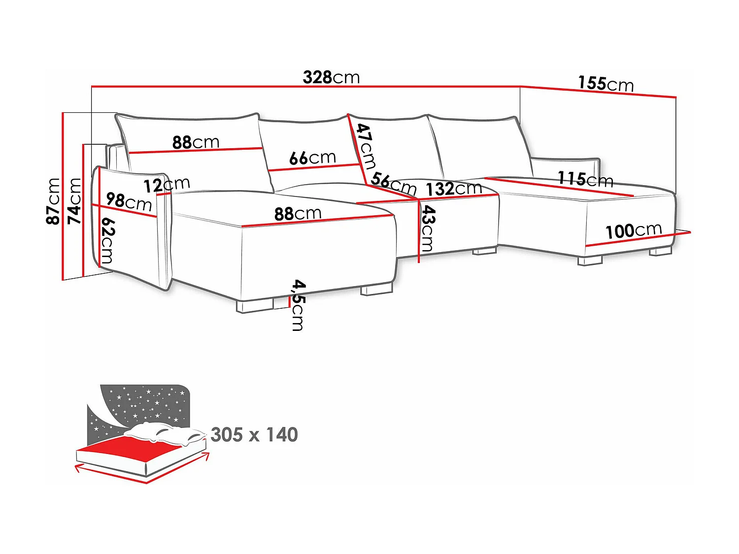 Canapé d'angle Columbus 218, Gris, Disponible, 328x155x87cm