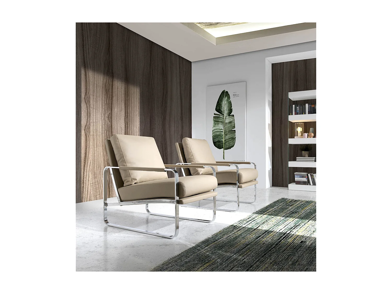 Fauteuil rembourré structure acier inoxydable.