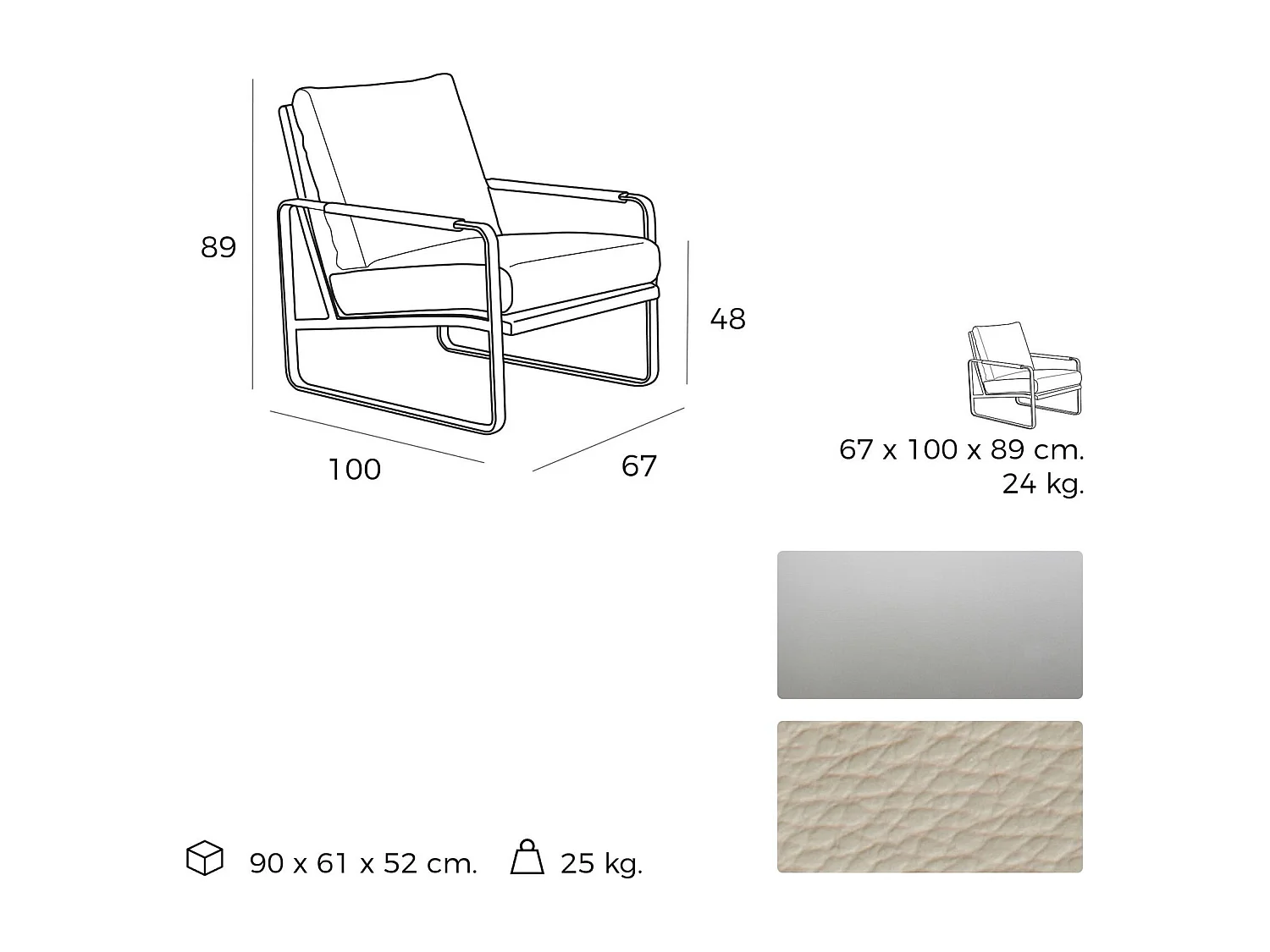 Fauteuil rembourré structure acier inoxydable.