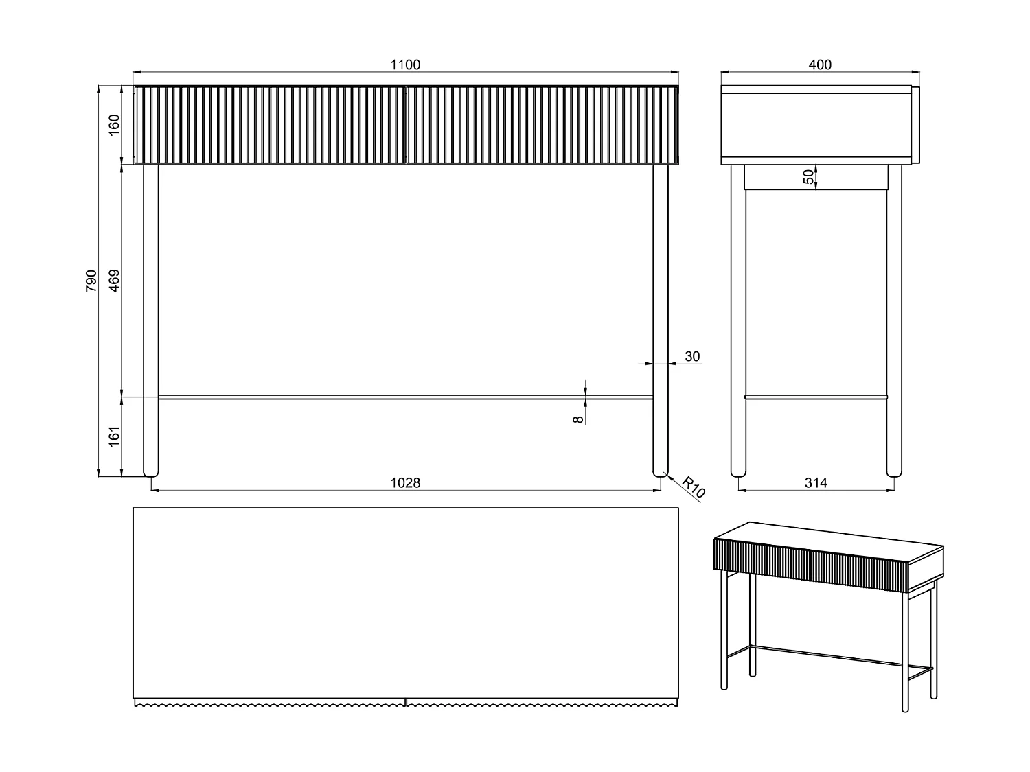 Schminktisch - 100 cm - Eichenholzoptik - NOLIE