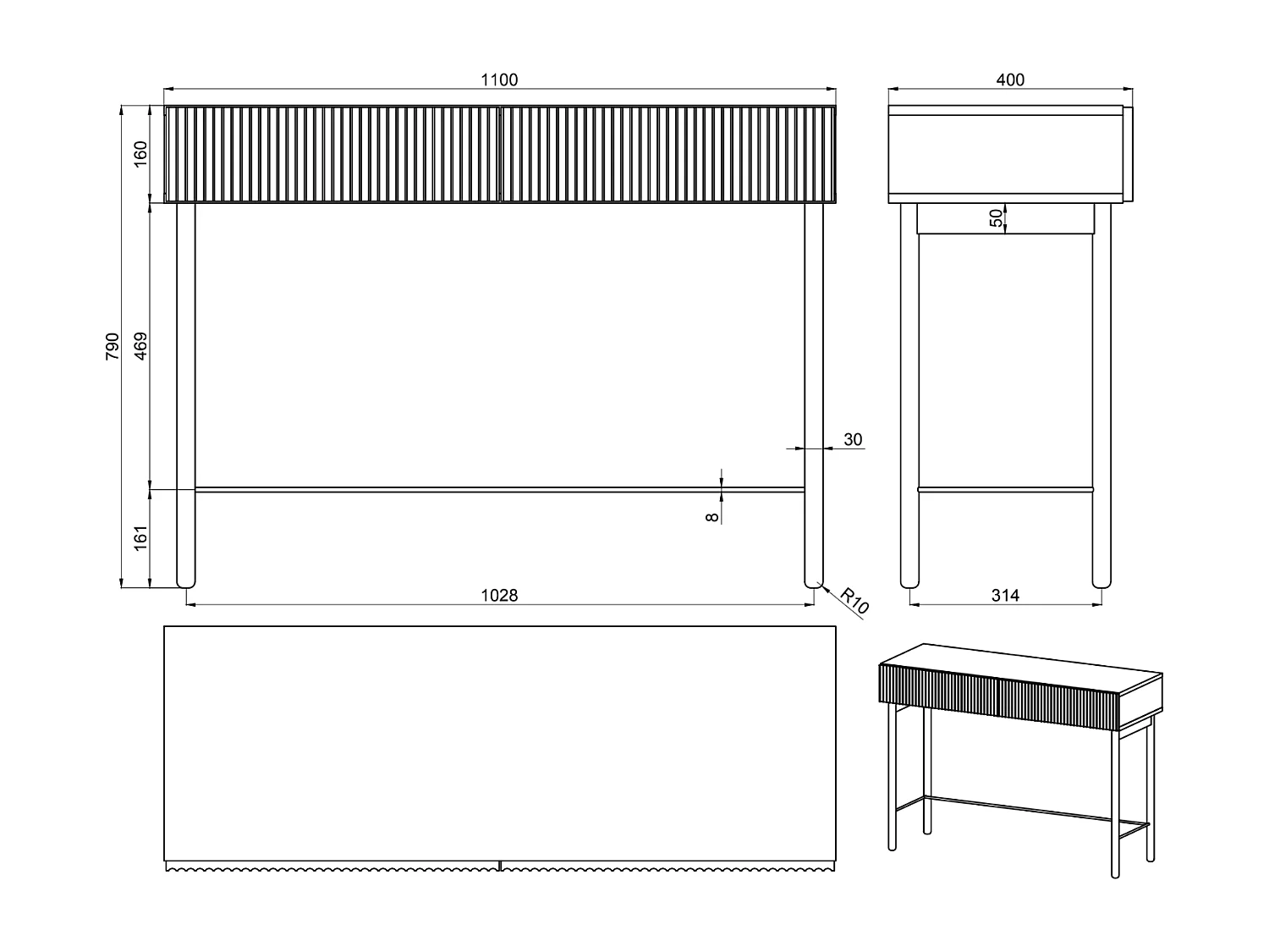 Schminktisch - 100 cm - Eichenholzoptik - NOLIE