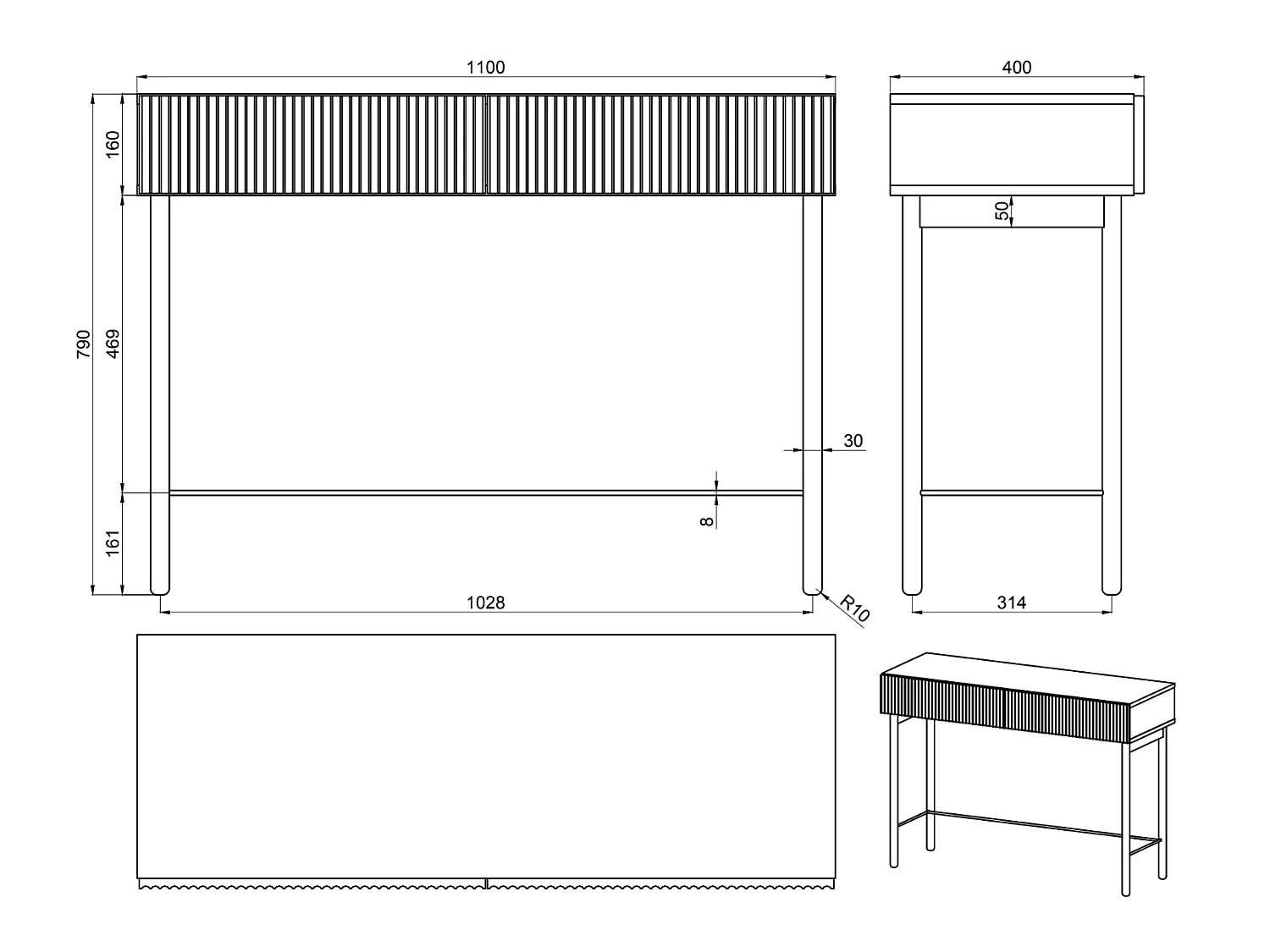 Schminktisch - 100 cm - Eichenholzoptik - NOLIE
