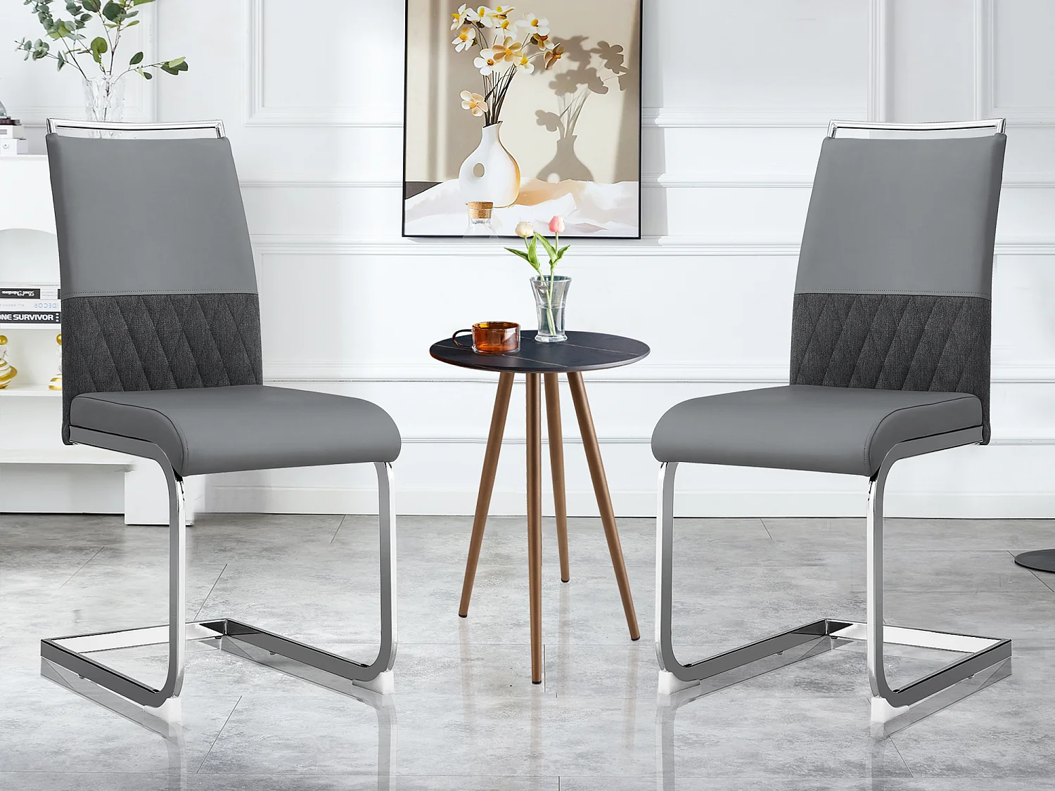 Lot de 2 chaises de salle à manger - Lin et cuir PU - Pièds en métal - Gris - BLITZ