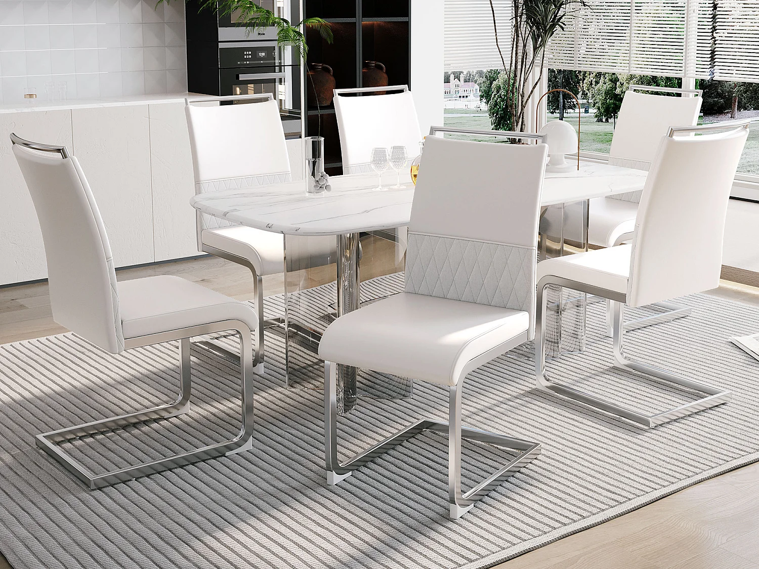 Lot de 6 chaises de salle à manger - Lin et cuir PU - Pièds en métal - Blanc - BLITZ