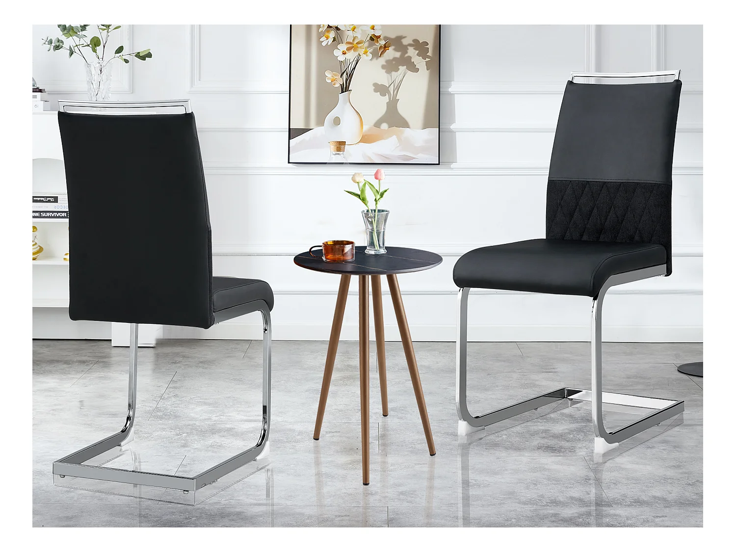 Lot de 2 chaises de salle à manger - Lin et cuir PU - Pièds en métal - Noir et gris - BLITZ