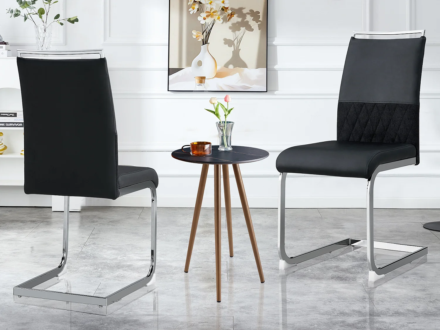 Lot de 2 chaises de salle à manger - Lin et cuir PU - Pièds en métal - Noir et gris - BLITZ