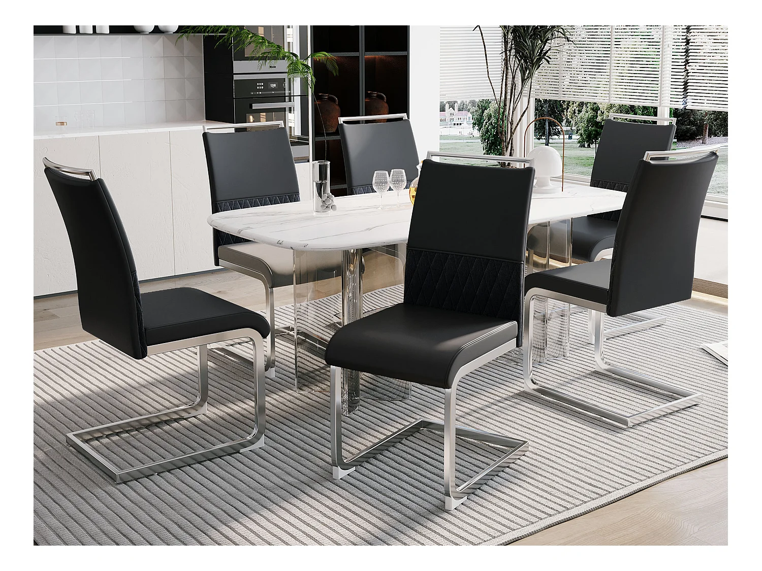 Lot de 6 chaises de salle à manger - Lin et cuir PU - Pièds en métal - Noir et gris - BLITZ