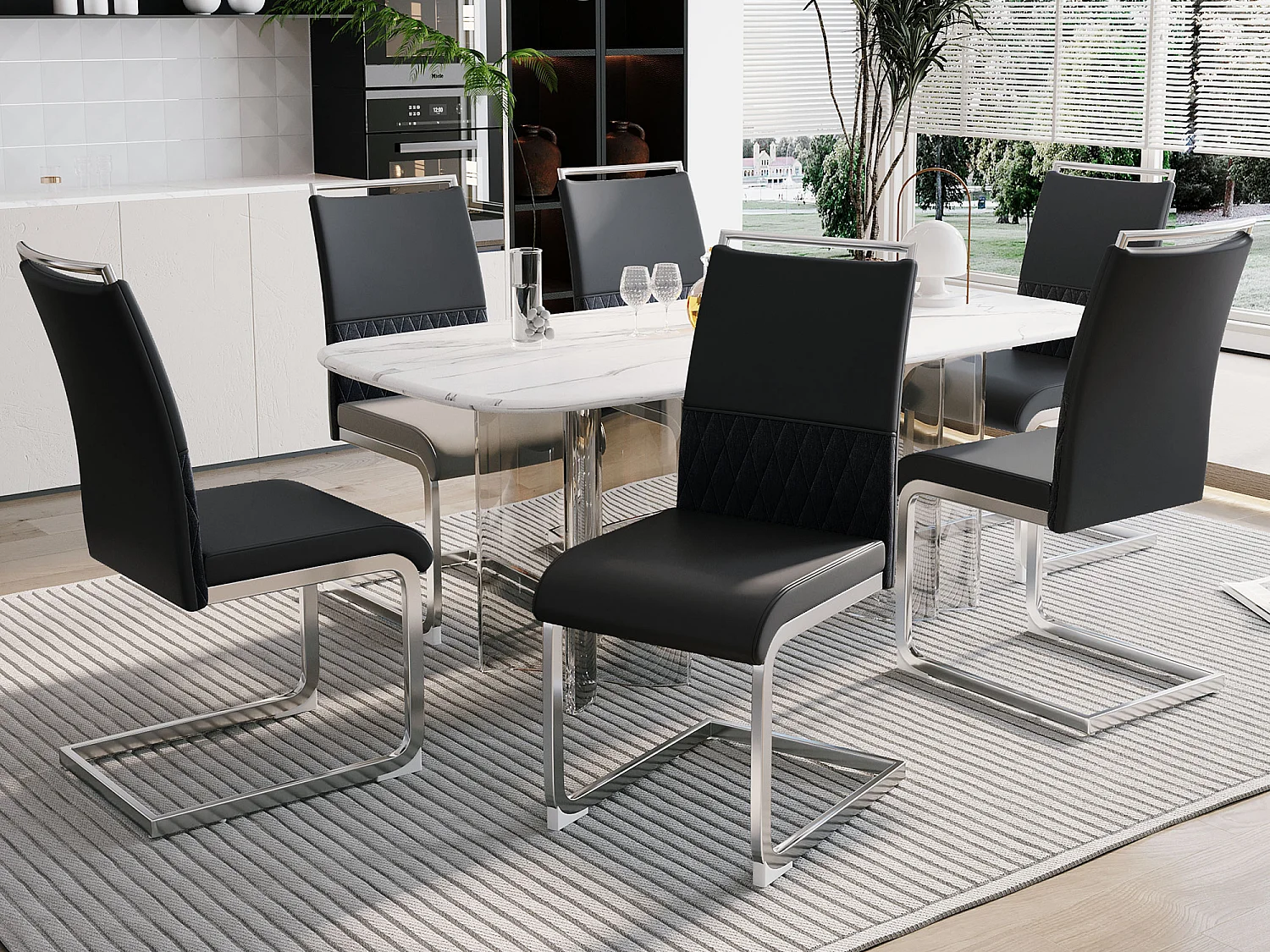 Lot de 6 chaises de salle à manger - Lin et cuir PU - Pièds en métal - Noir et gris - BLITZ