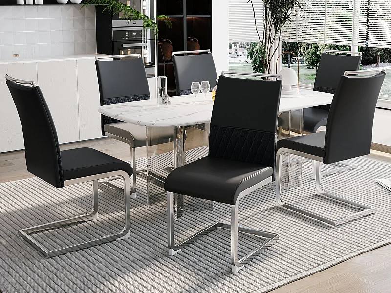 Lot de 6 chaises de salle à manger - Lin et cuir PU - Pièds en métal - Noir et gris - BLITZ