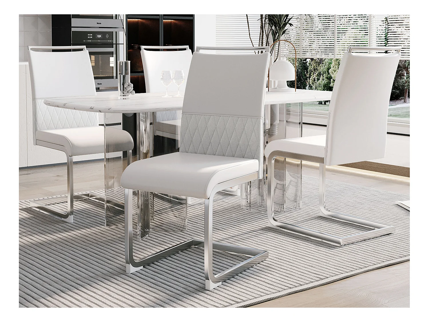 Lot de 4 chaises de salle à manger - Lin et cuir PU - Pièds en métal - Blanc - BLITZ