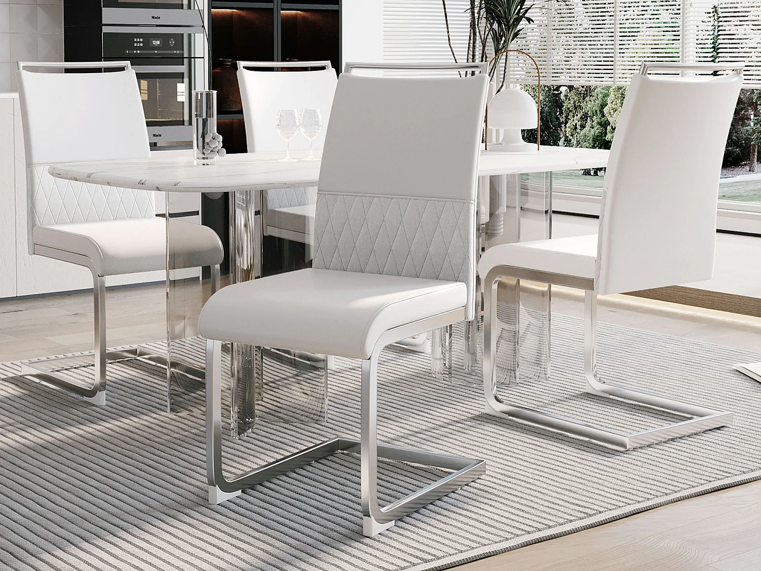 Conjunto de 4 cadeiras para sala de jantar - Linho e couro PU - Pernas metálicas - Branco - BLITZ