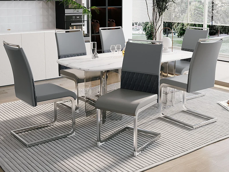 Set mit 6 Esszimmerstühlen – Leinen und PU-Leder – Metallbeine – Grau – BLITZ