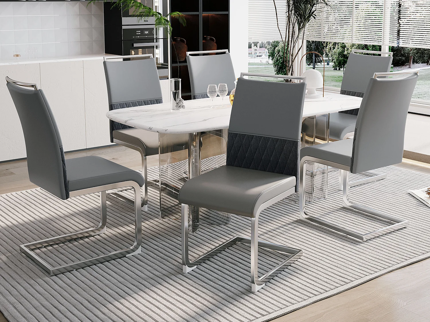 Conjunto de 6 cadeiras para sala de jantar - Linho e couro PU - Pernas metálicas - Cinza - BLITZ