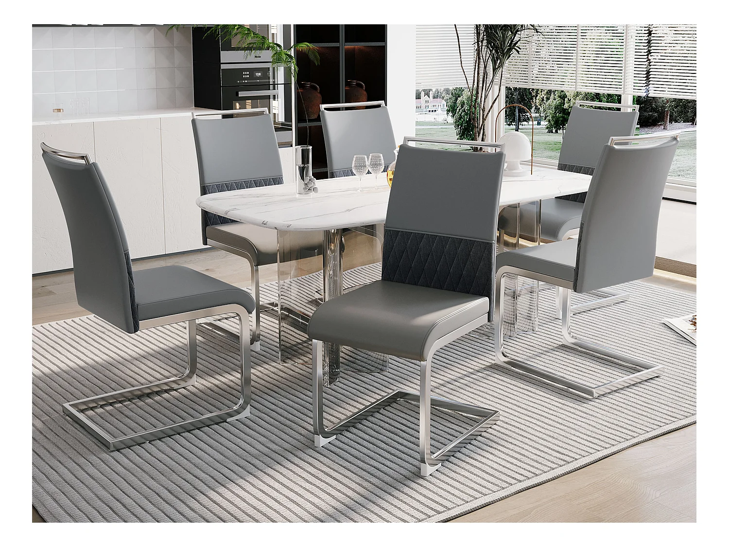 Lot de 6 chaises de salle à manger - Lin et cuir PU - Pièds en métal - Gris - BLITZ