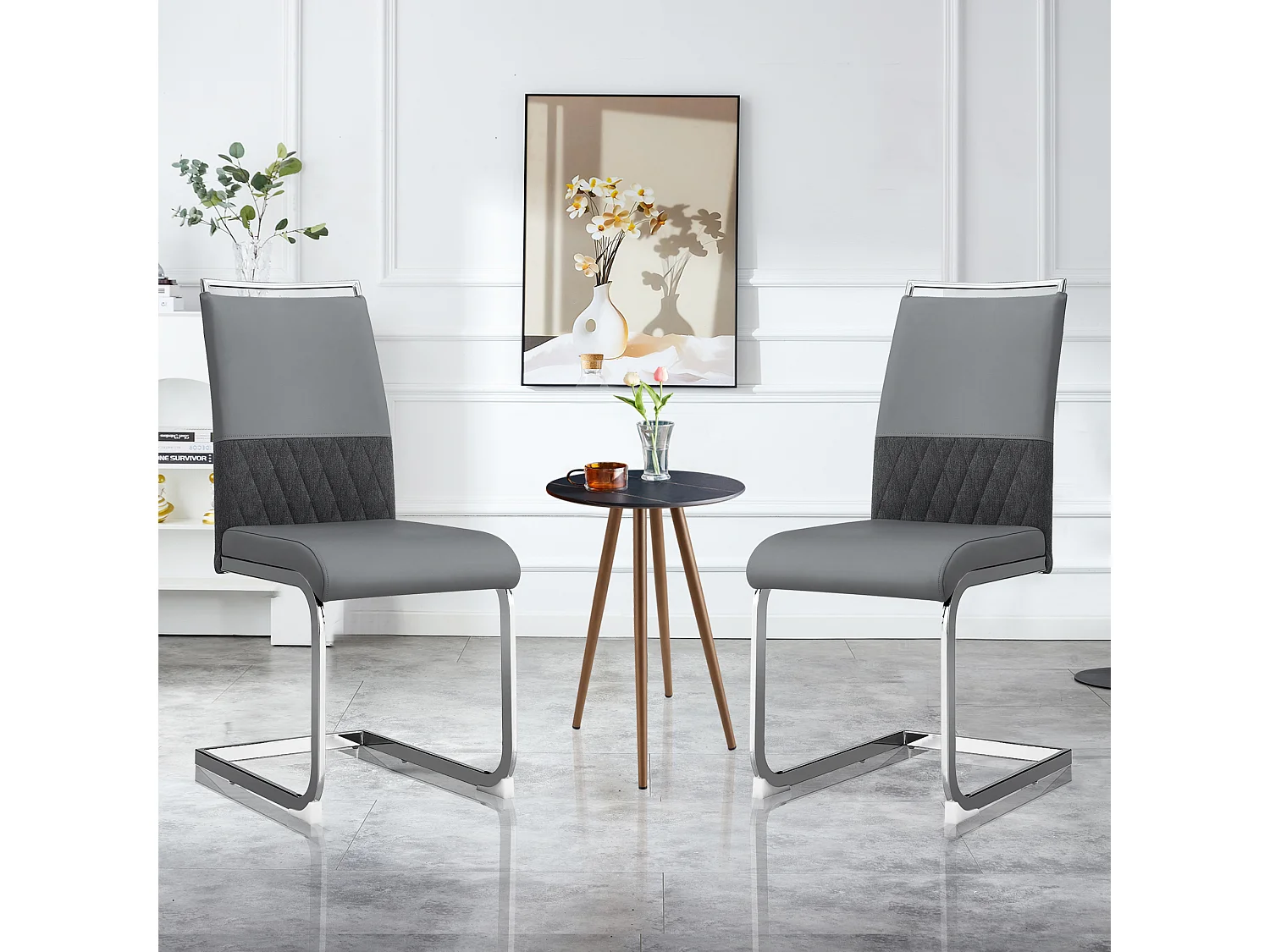 Lot de 6 chaises de salle à manger - Lin et cuir PU - Pièds en métal - Gris - BLITZ