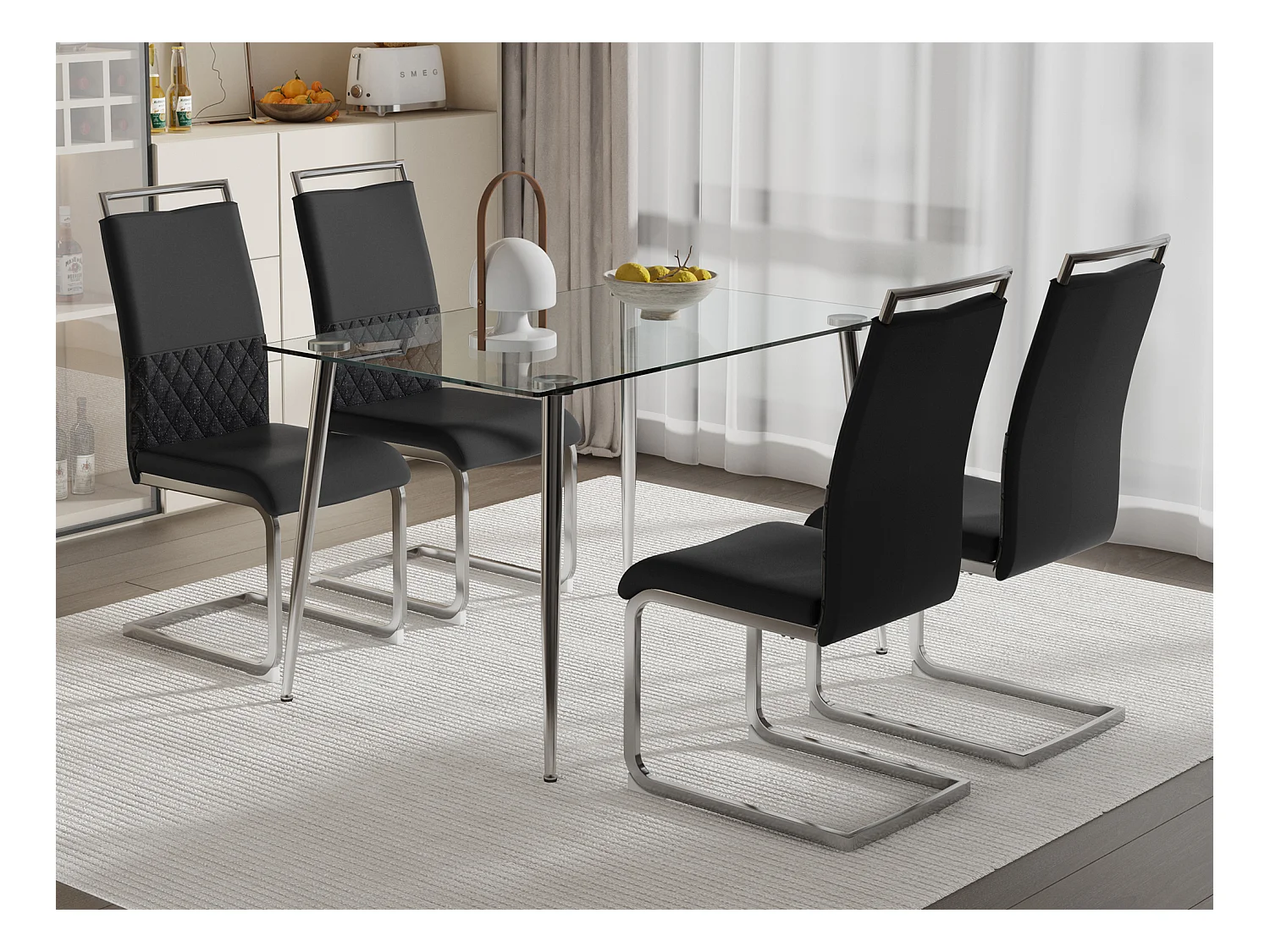 Lot de 4 chaises de salle à manger - Lin et cuir PU - Pièds en métal - Noir et gris - BLITZ