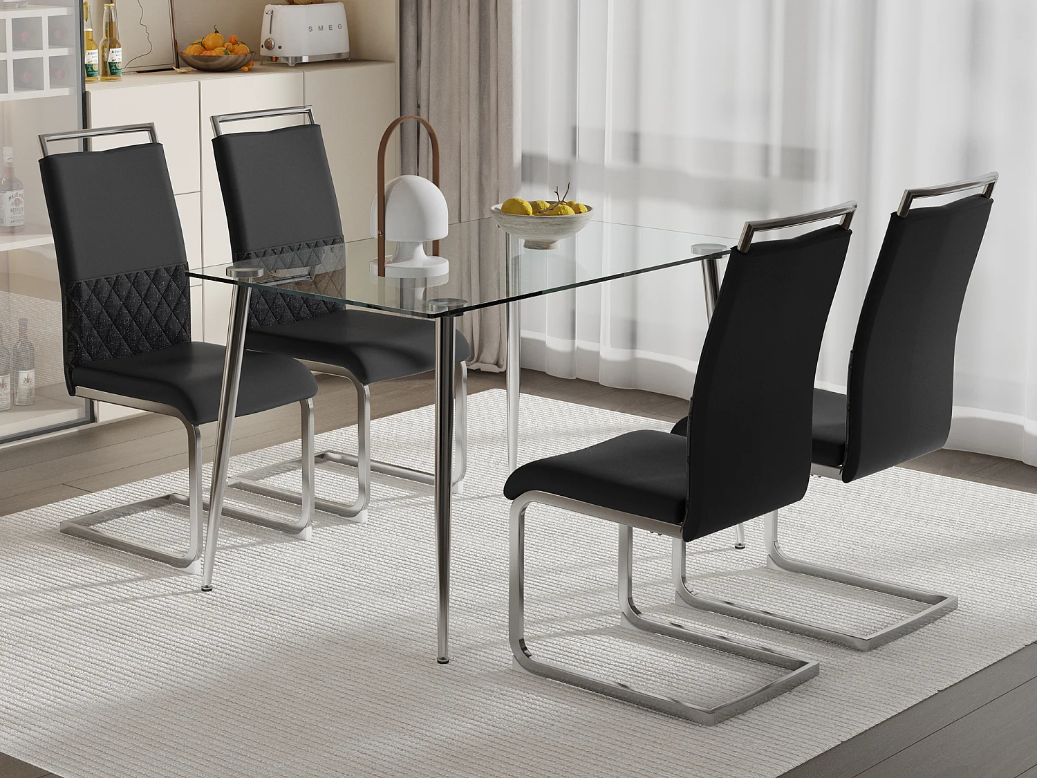 Conjunto de 4 cadeiras para sala de jantar - Linho e couro PU - Pernas metálicas - Preto e cinza - BLITZ