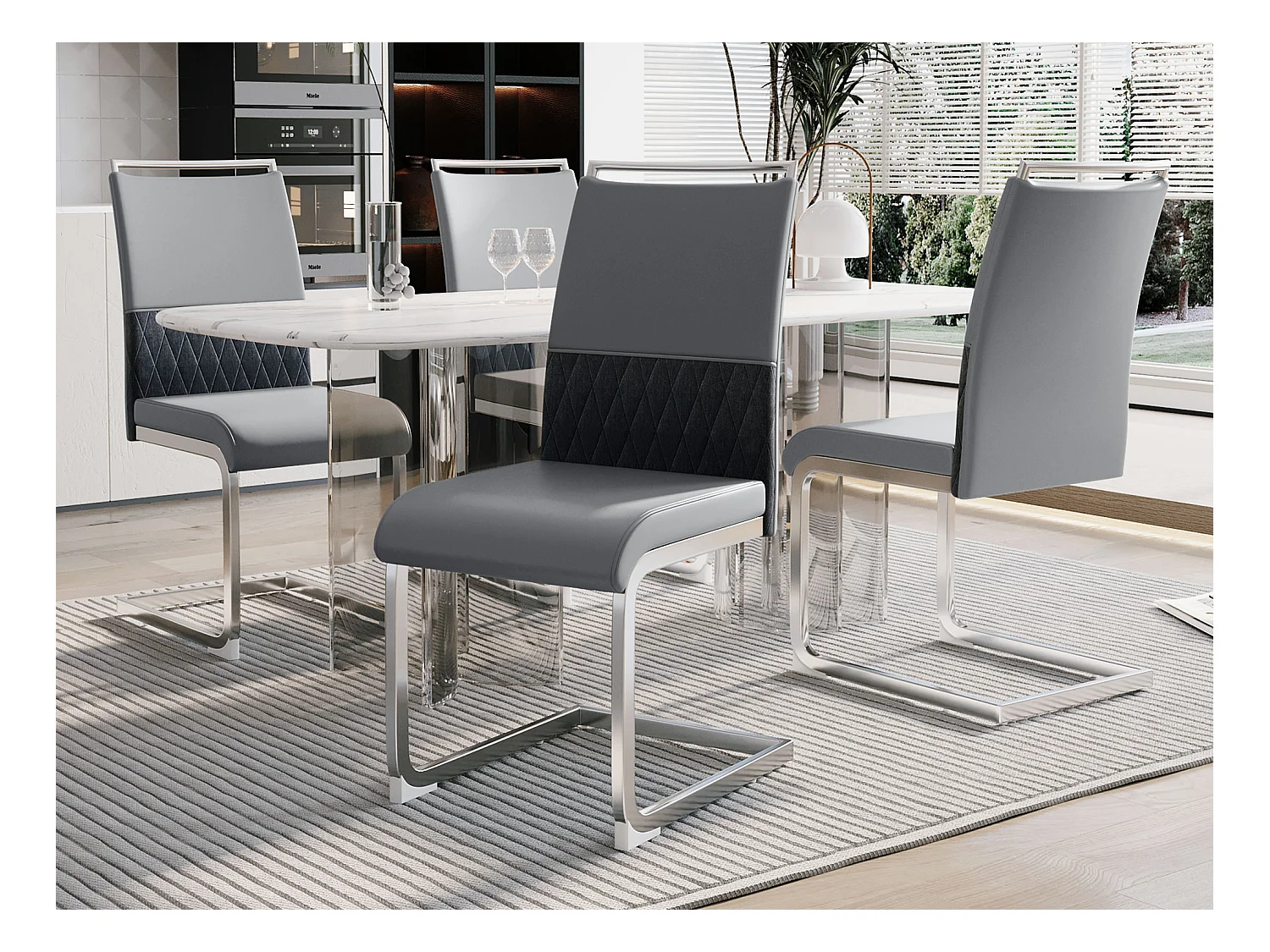 Conjunto de 4 cadeiras para sala de jantar - Linho e couro PU - Pernas metálicas - Cinza - BLITZ