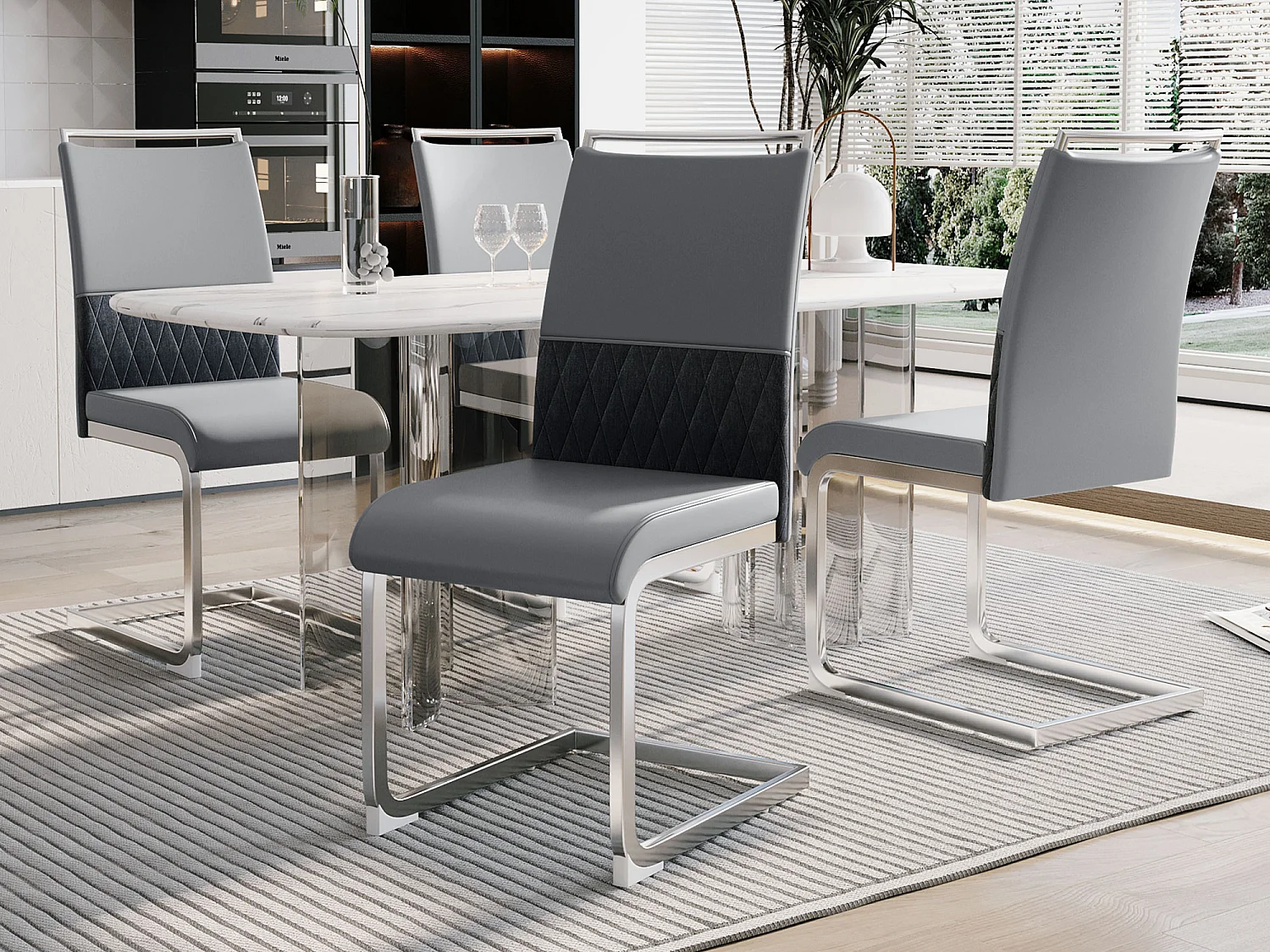 Lot de 4 chaises de salle à manger - Lin et cuir PU - Pièds en métal - Gris - BLITZ
