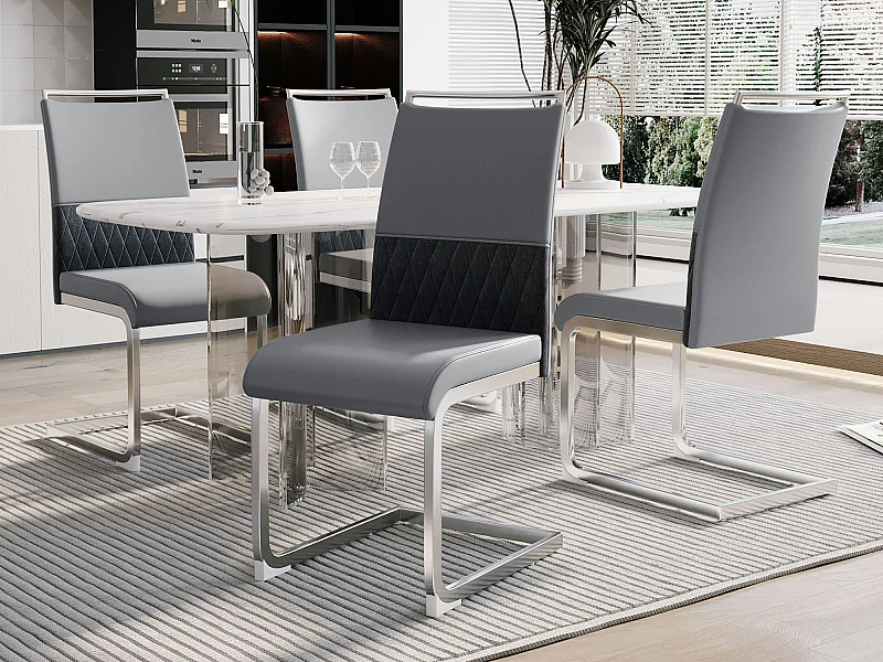Lot de 4 chaises de salle à manger - Lin et cuir PU - Pièds en métal - Gris - BLITZ