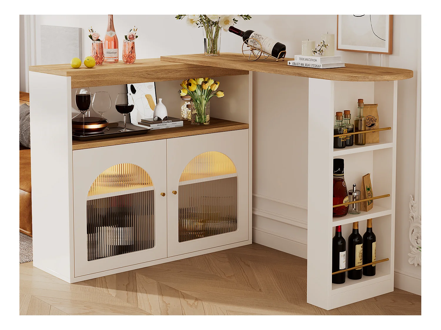 Drehbarer Barschrank – 2 Türen, 3 Ablageböden und Nische – Platte in MDF-Holzoptik – LEDs – Natur und Weiß