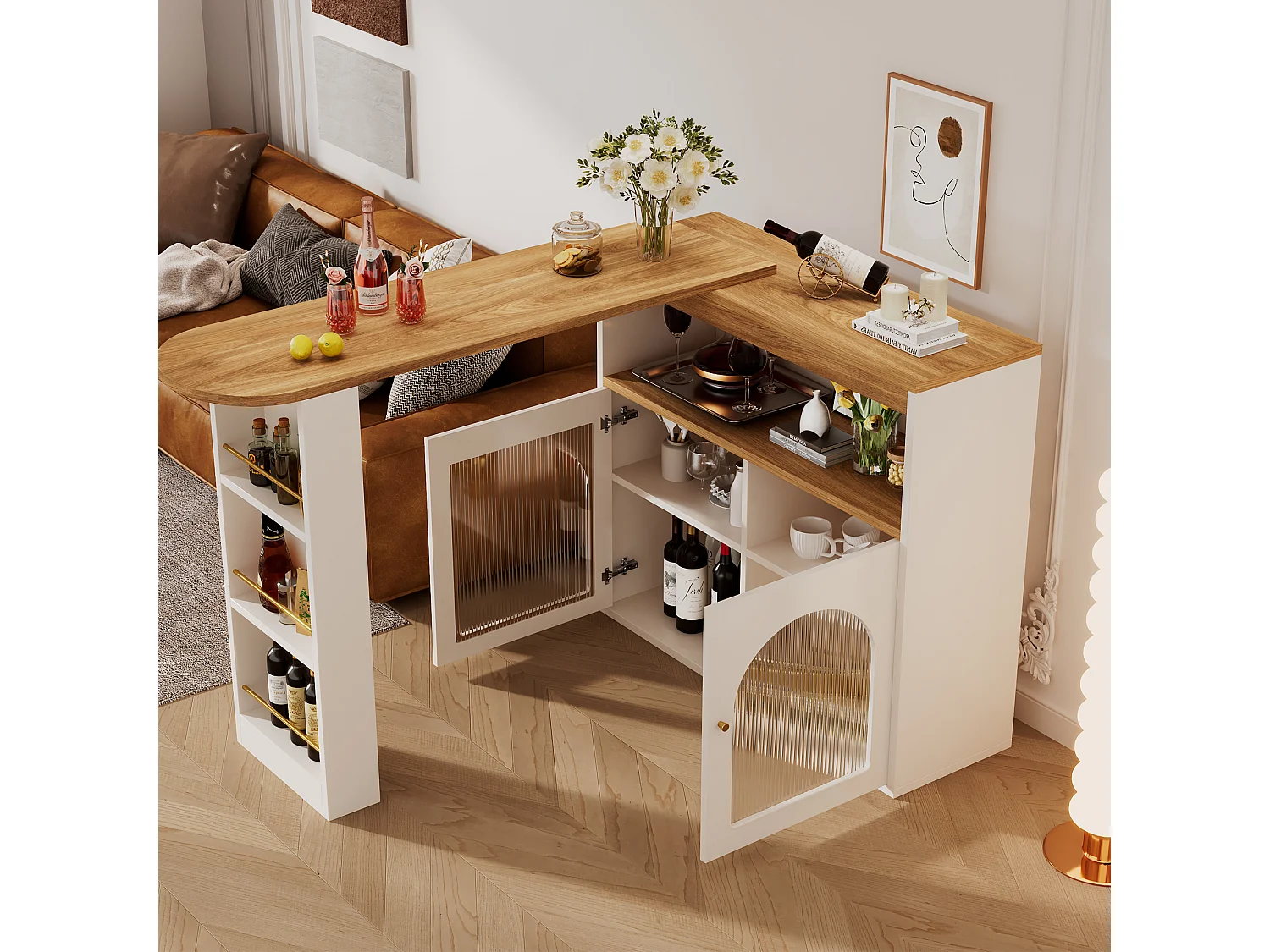 Drehbarer Barschrank – 2 Türen, 3 Ablageböden und Nische – Platte in MDF-Holzoptik – LEDs – Natur und Weiß