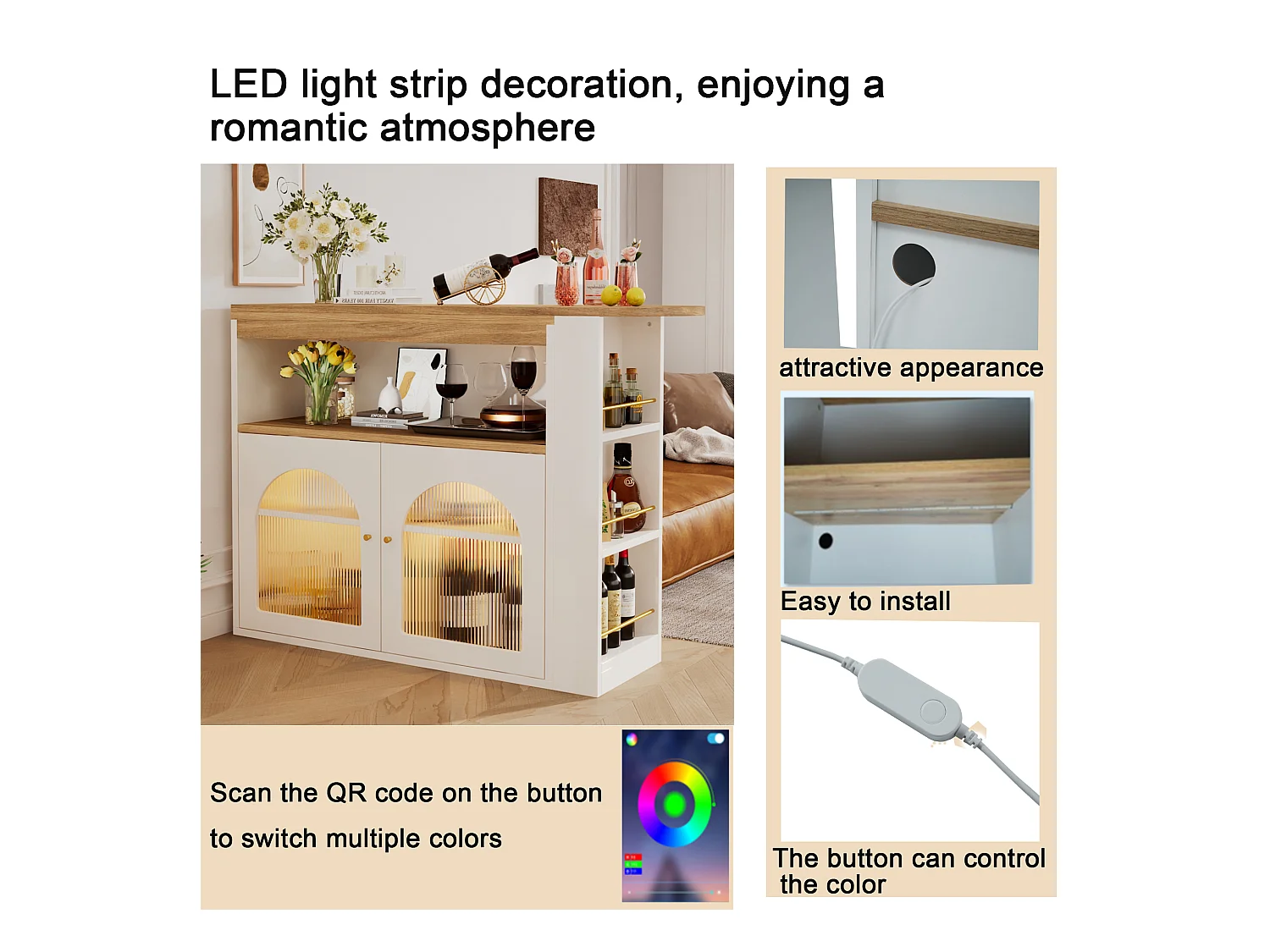 Drehbarer Barschrank – 2 Türen, 3 Ablageböden und Nische – Platte in MDF-Holzoptik – LEDs – Natur und Weiß