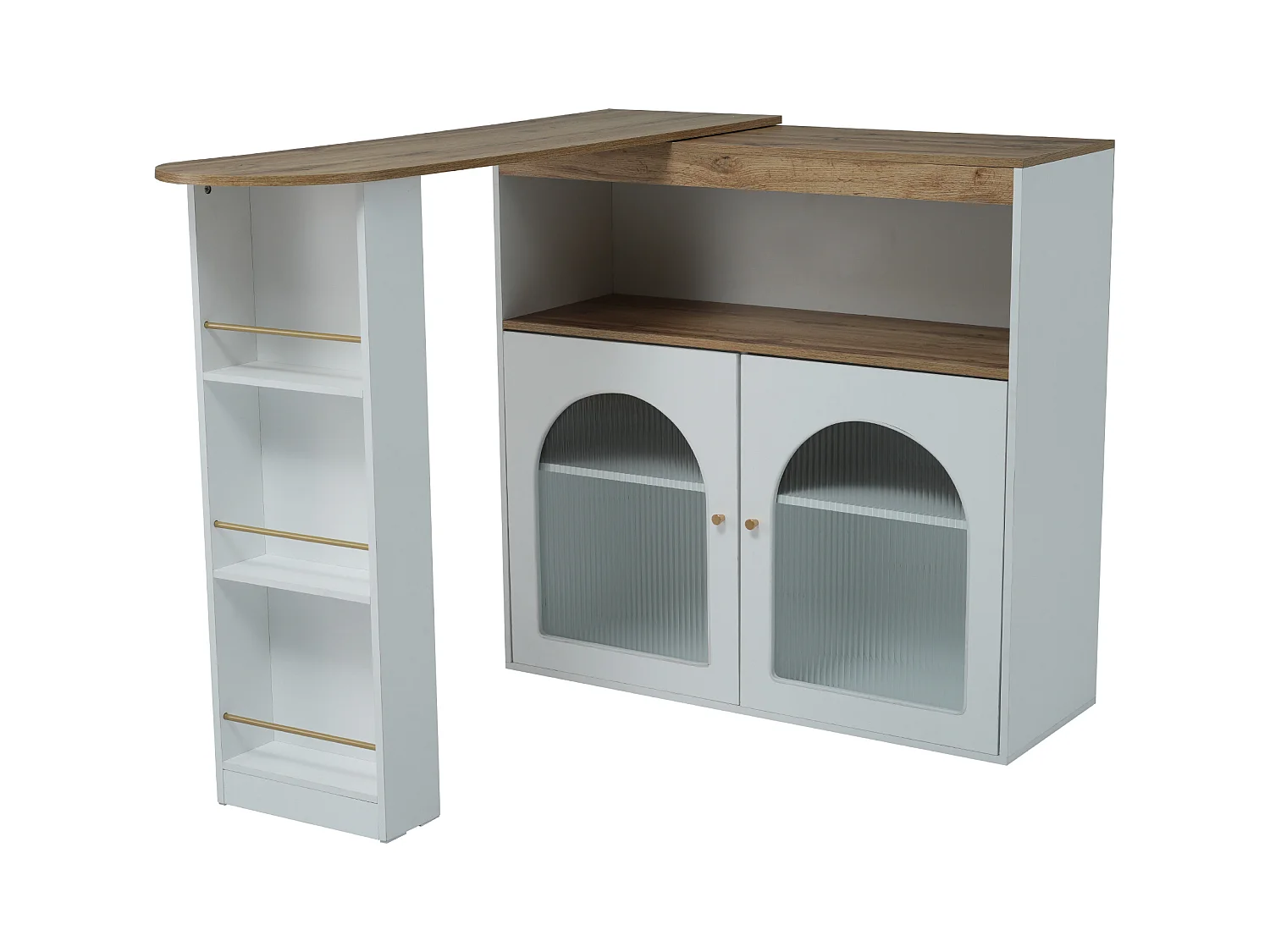 Drehbarer Barschrank – 2 Türen, 3 Ablageböden und Nische – Platte in MDF-Holzoptik – LEDs – Natur und Weiß