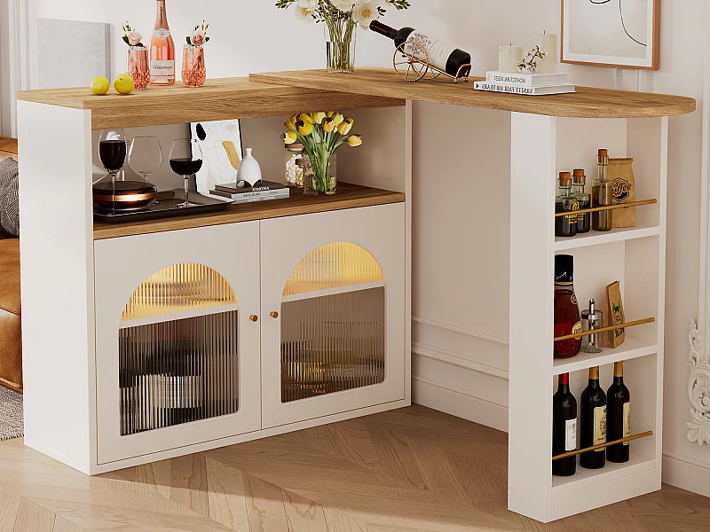 Drehbarer Barschrank – 2 Türen, 3 Ablageböden und Nische – Platte in MDF-Holzoptik – LEDs – Natur und Weiß