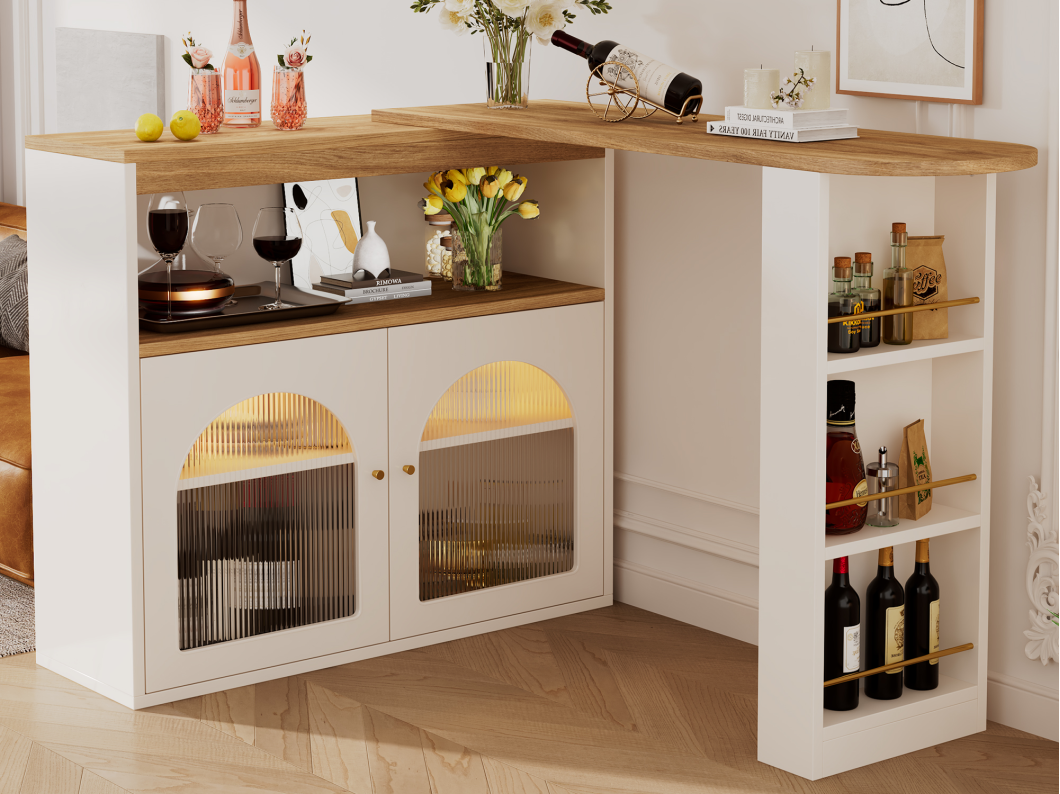 Mueble bar giratorio - 2 puertas, 3 estantes de almacenamiento y nicho - Tapa efecto madera MDF - LED - Natural y blanco