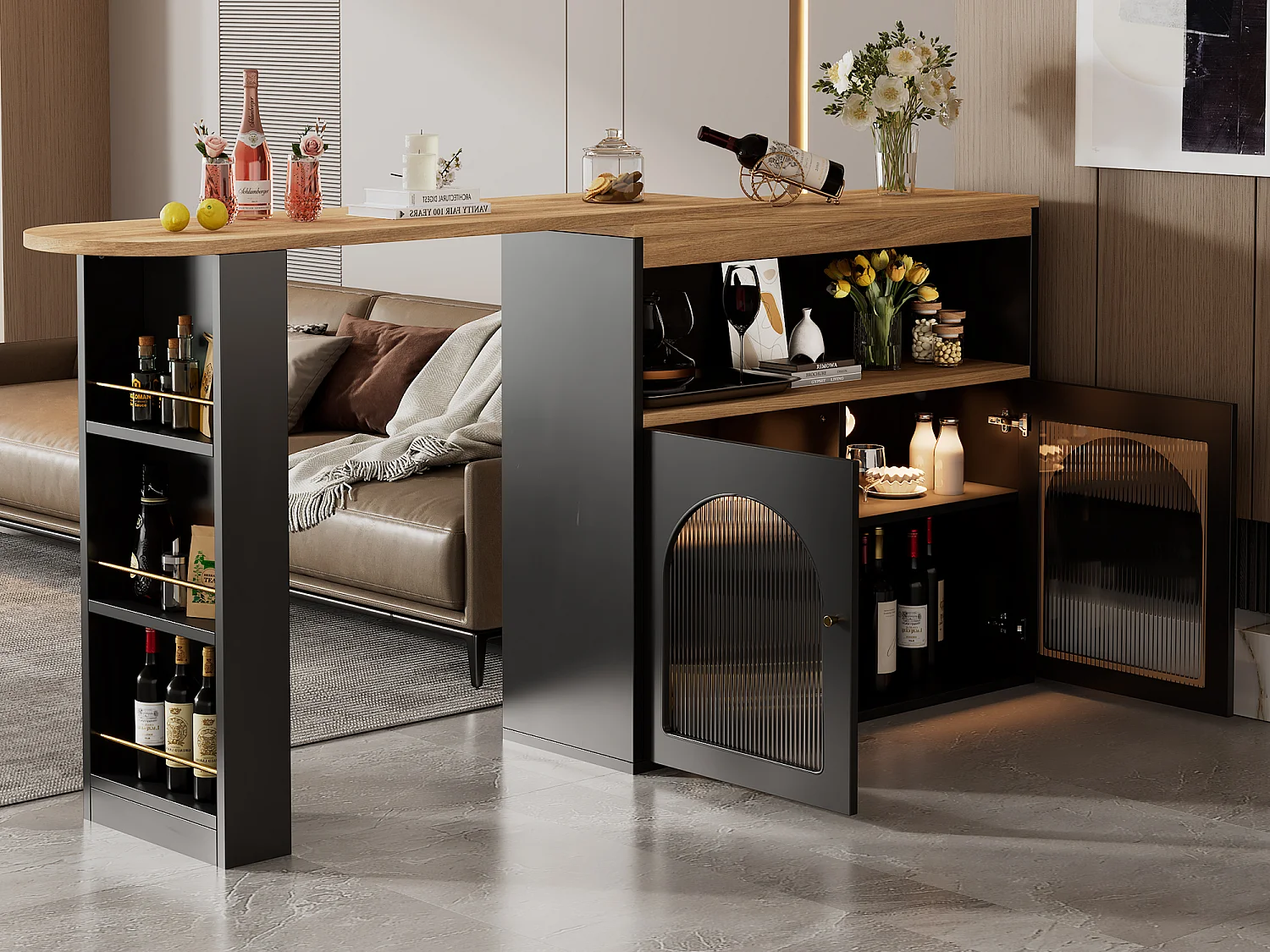 Meuble de bar pivotant - 2 portes, 3 étagères de rangement & niche - MDF plateau effet bois - LEDs - Naturel et noir