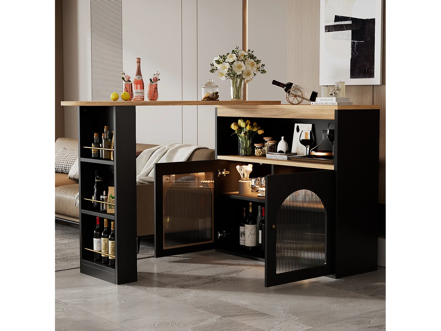 Meuble de bar pivotant - 2 portes, 3 étagères de rangement & niche - MDF plateau effet bois - LEDs - Naturel et noir