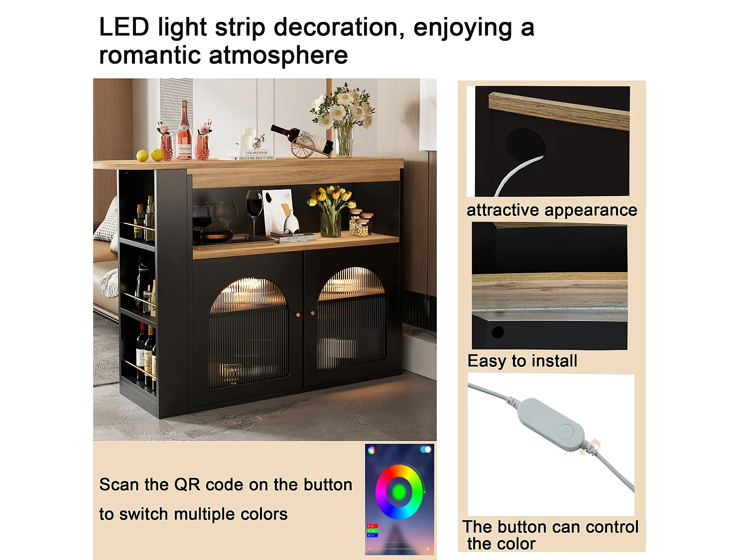 Meuble de bar pivotant - 2 portes, 3 étagères de rangement & niche - MDF plateau effet bois - LEDs - Naturel et noir