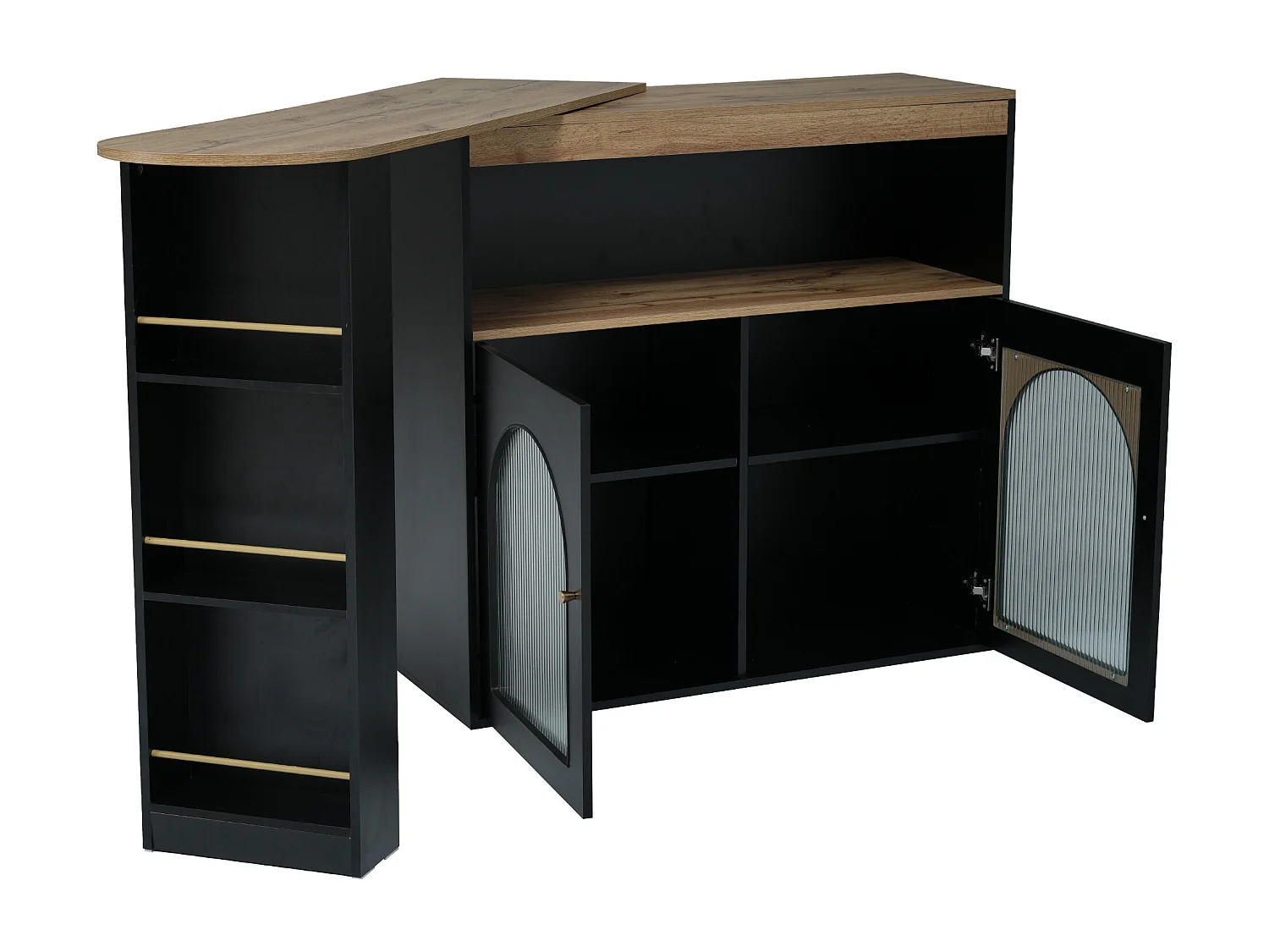 Meuble de bar pivotant - 2 portes, 3 étagères de rangement & niche - MDF plateau effet bois - LEDs - Naturel et noir